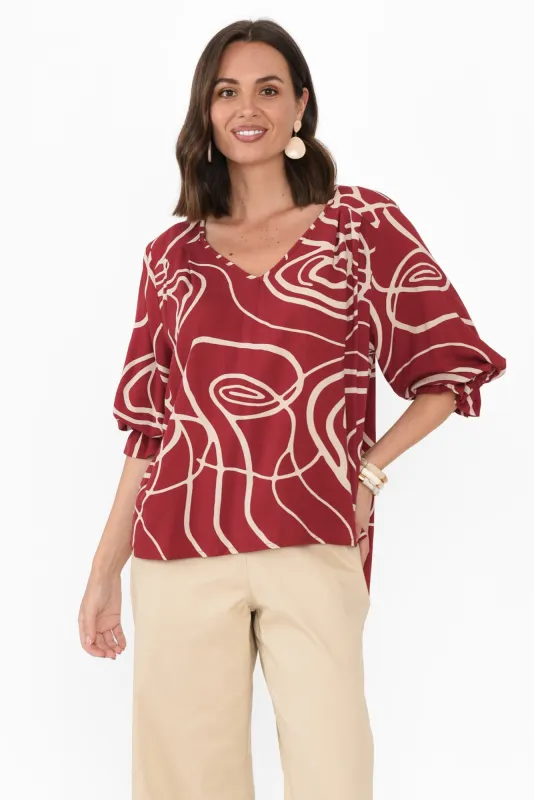 Rona Red Swirl Frill Sleeve Top sold by Blue Bungalow