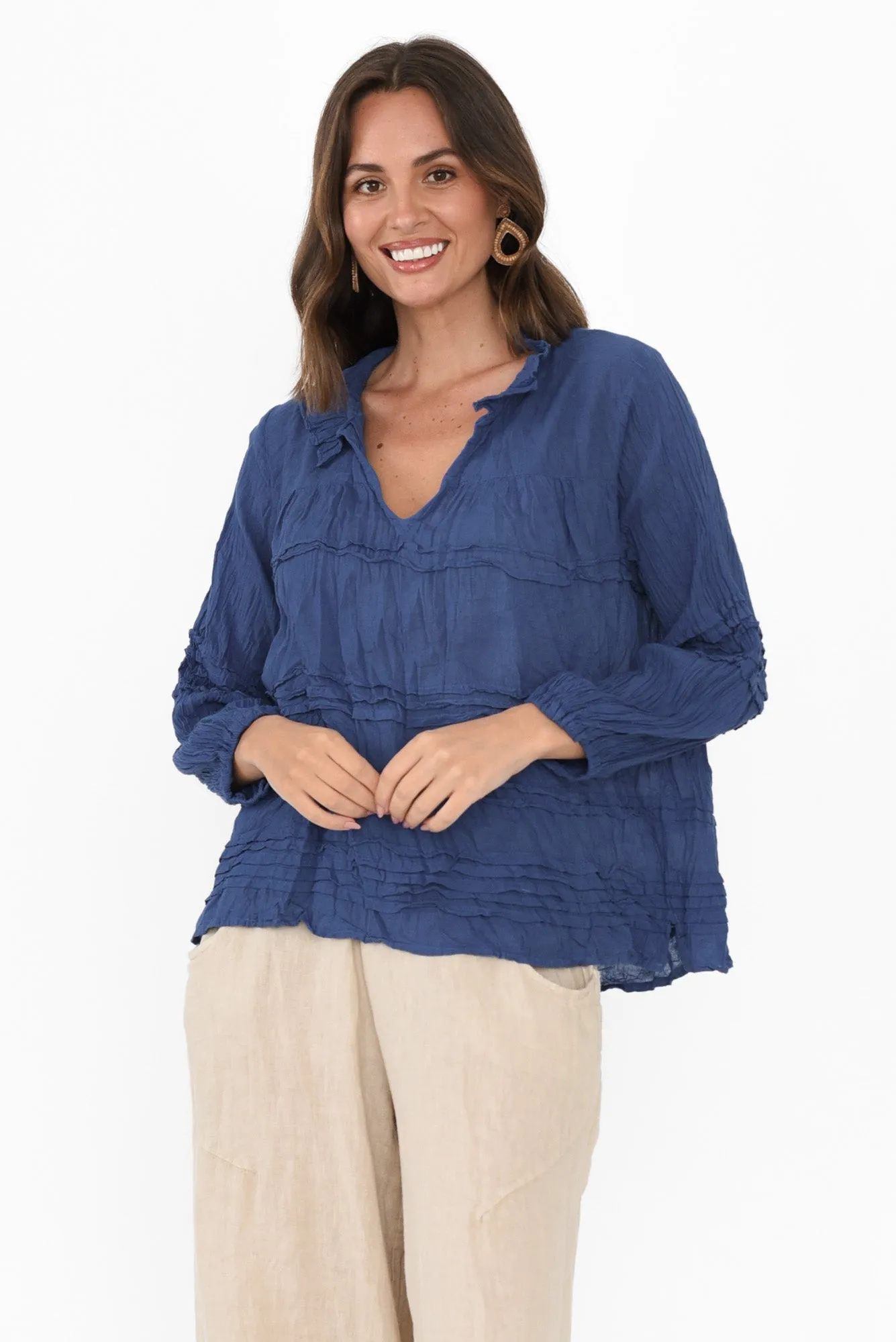 Palmer Cobalt Cotton Long Sleeve Top sold by Blue Bungalow