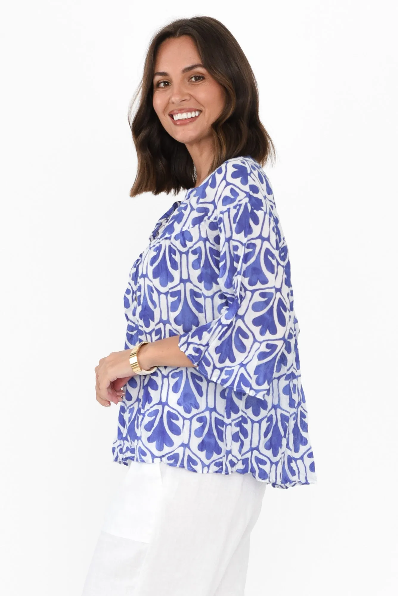 Blaise Blue Abstract Cotton Button Top sold by Blue Bungalow product image thumbnail 4