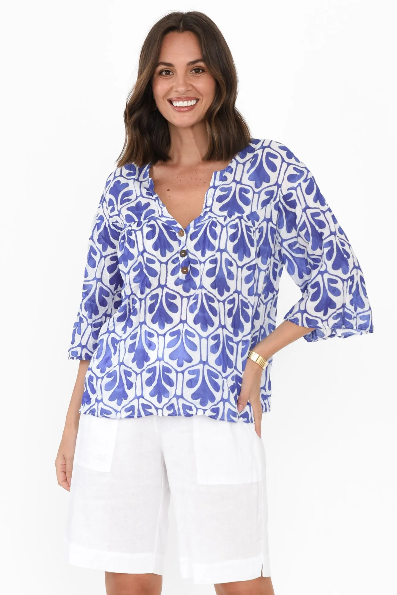 Blaise Blue Abstract Cotton Button Top sold by Blue Bungalow