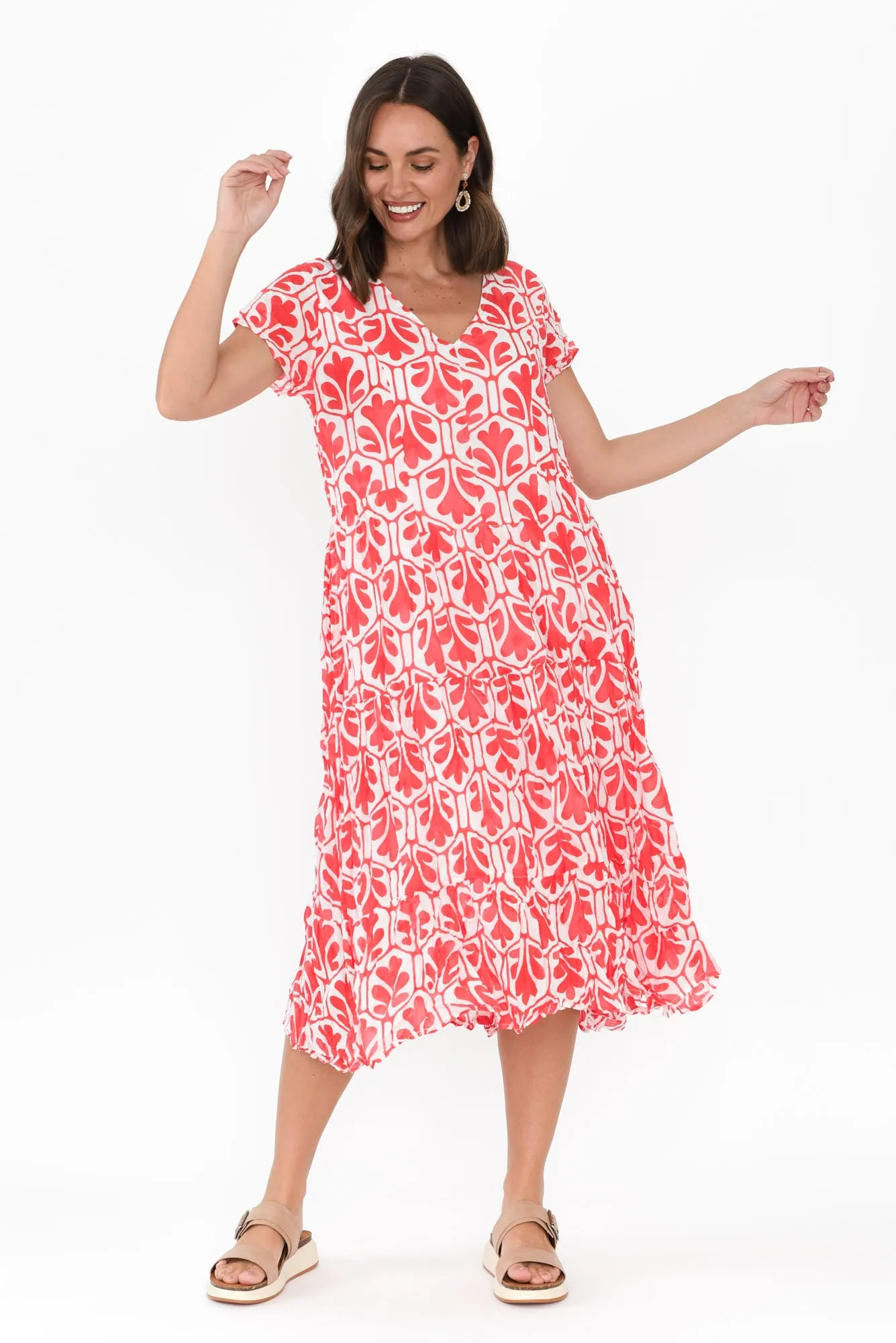 Carmen Red Abstract Crinkle Cotton Dress sold by Blue Bungalow product image thumbnail 2