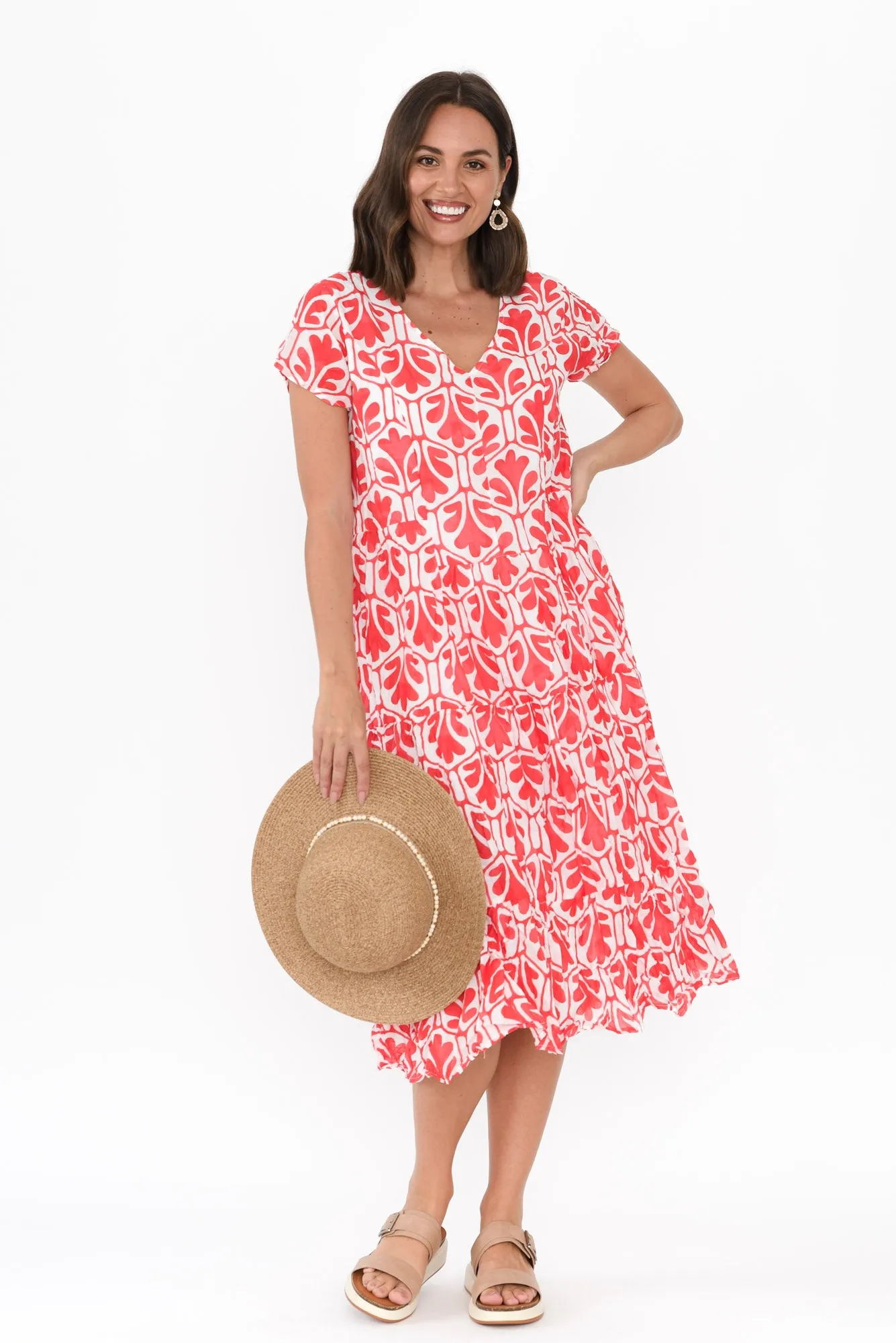 Carmen Red Abstract Crinkle Cotton Dress sold by Blue Bungalow