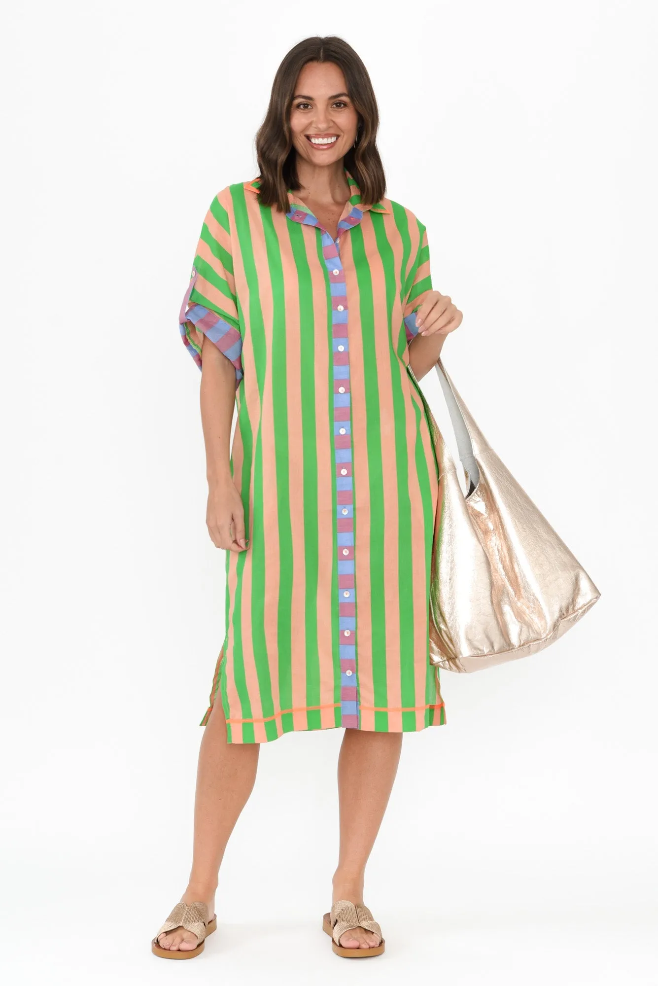 Kalinda Green Stripe Cotton Shirt Dress sold by Blue Bungalow