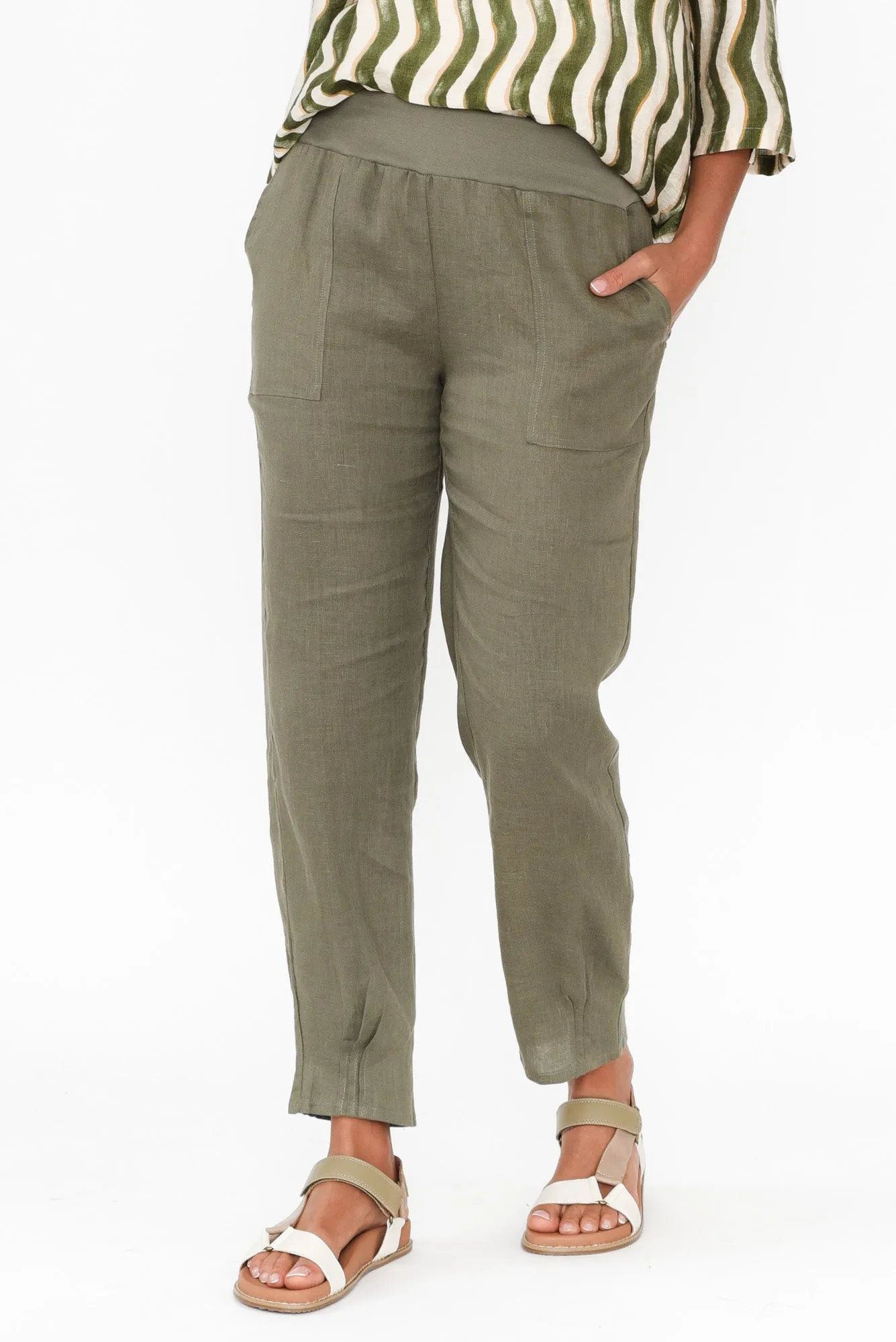 Hudson Olive Linen Pocket Pants sold by Blue Bungalow