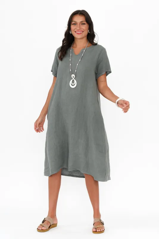 Nara Grey Linen Pocket Dress sold by Blue Bungalow