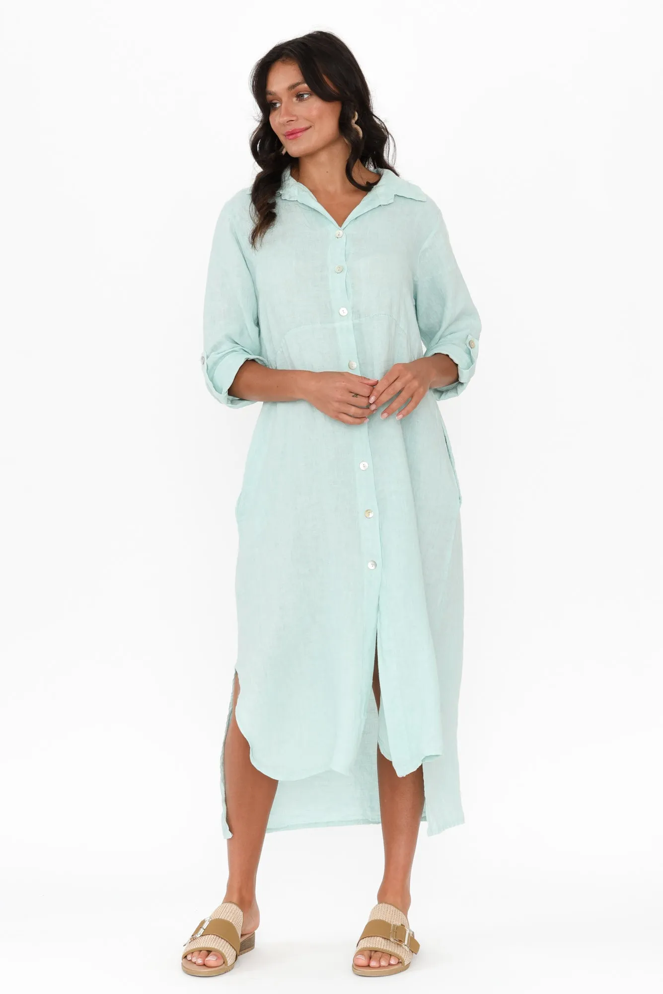 Elin Aqua Linen Shirt Dress sold by Blue Bungalow product image thumbnail 2