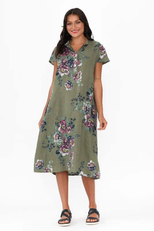 Bana Khaki Floral Linen Pocket Dress sold by Blue Bungalow