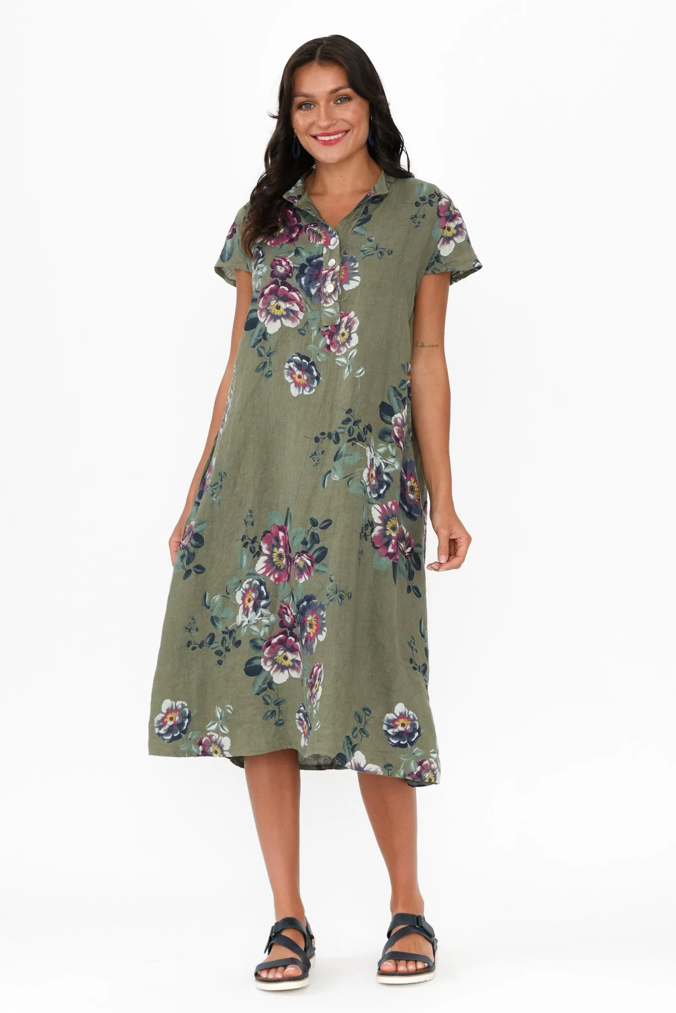 Bana Khaki Floral Linen Pocket Dress sold by Blue Bungalow
