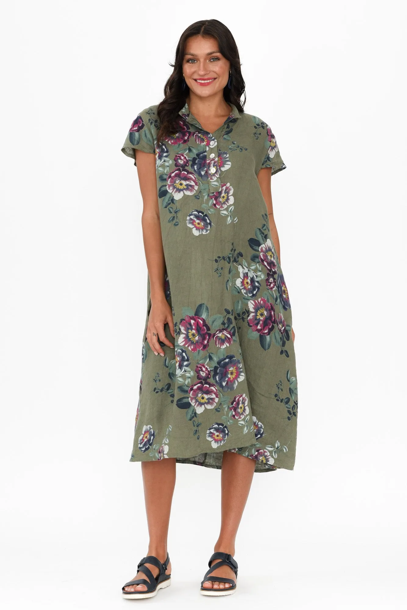 Bana Khaki Floral Linen Pocket Dress sold by Blue Bungalow product image thumbnail 2
