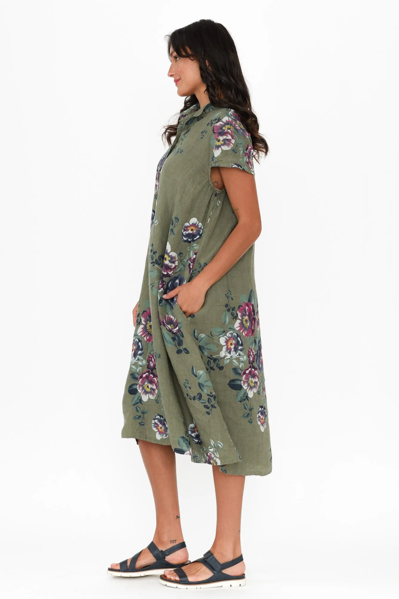 Bana Khaki Floral Linen Pocket Dress sold by Blue Bungalow product image thumbnail 3