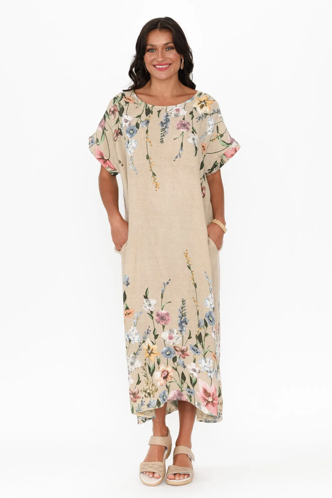 Morrison Beige Floral Linen Pocket Dress sold by Blue Bungalow product image thumbnail 2
