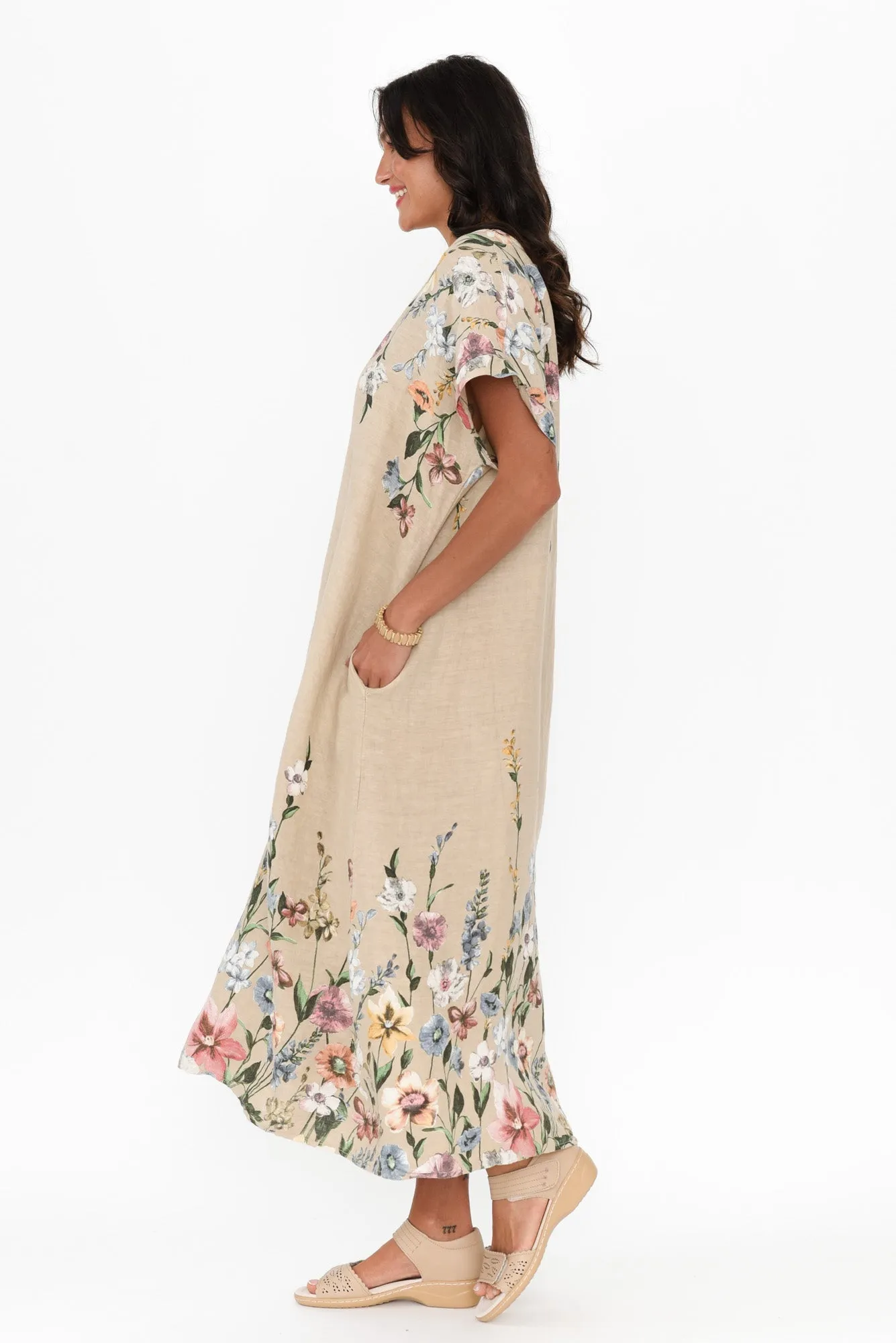 Morrison Beige Floral Linen Pocket Dress sold by Blue Bungalow product image thumbnail 3