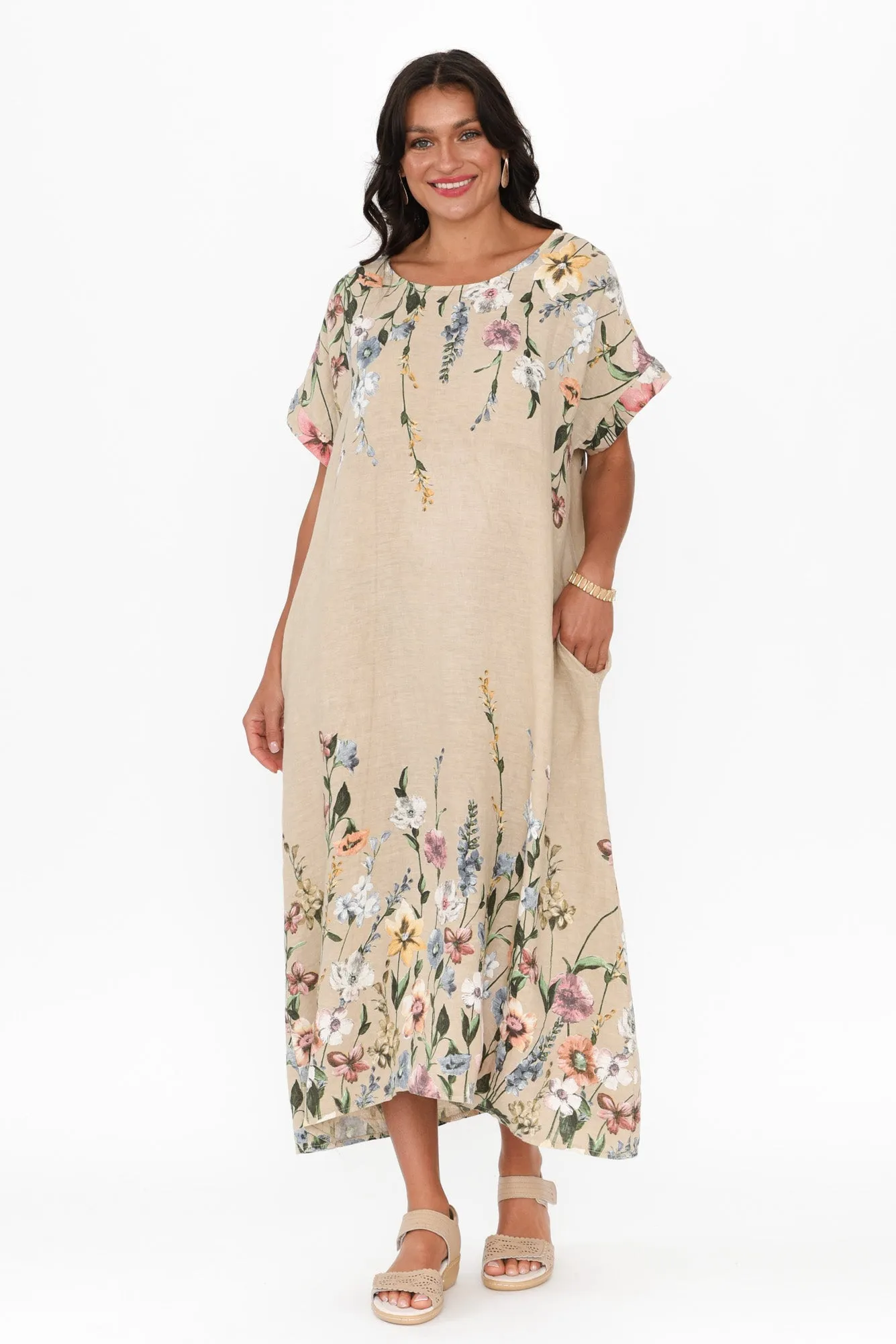Morrison Beige Floral Linen Pocket Dress sold by Blue Bungalow