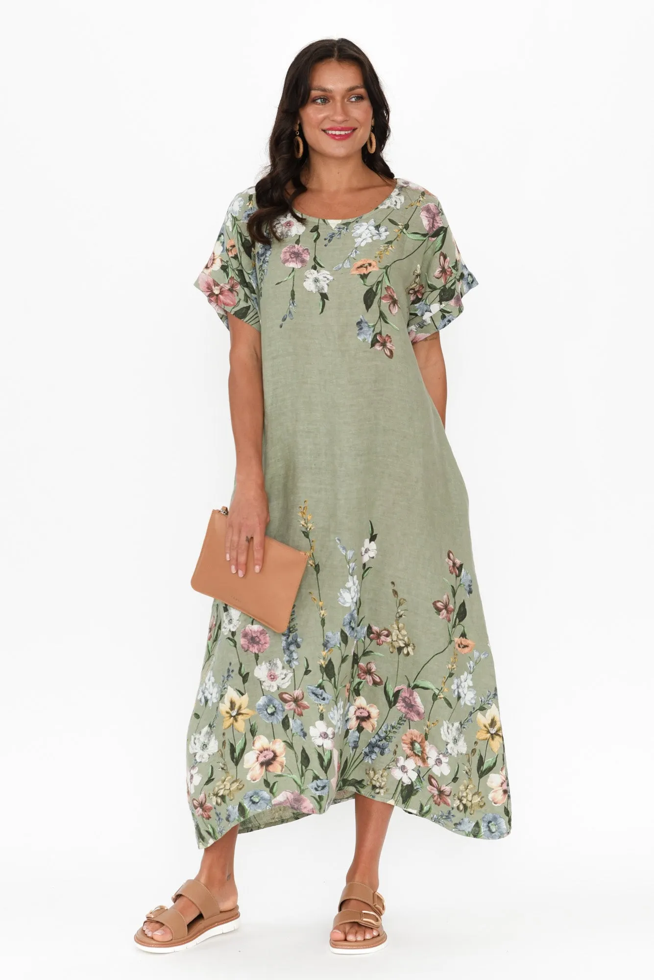 Morrison Sage Floral Linen Pocket Dress sold by Blue Bungalow