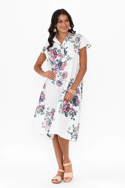 Bana White Floral Linen Pocket Dress sold by Blue Bungalow