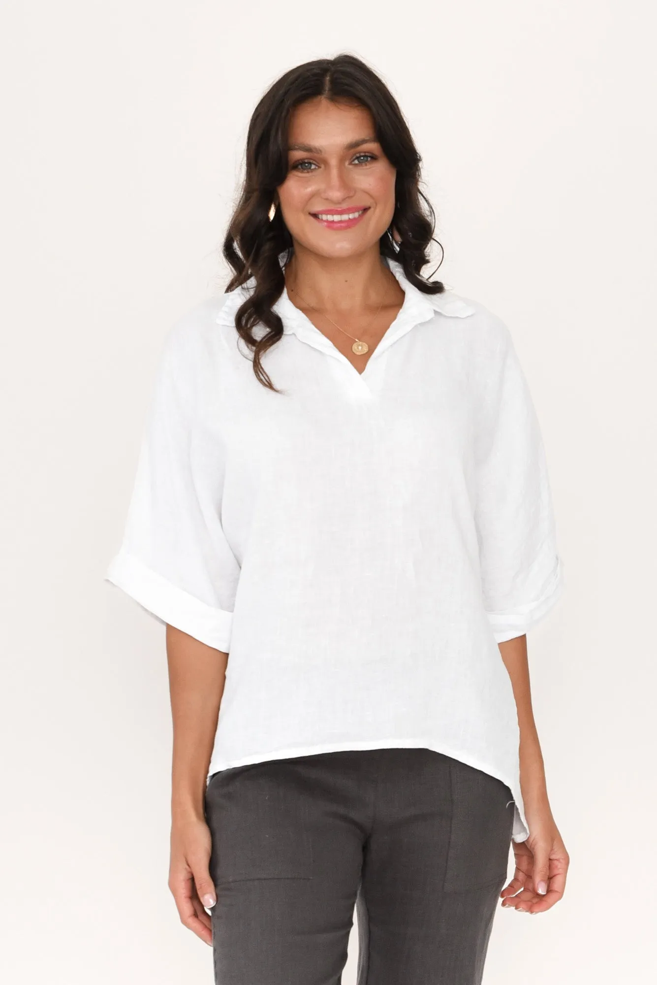 Anessa White Linen Collared Top sold by Blue Bungalow