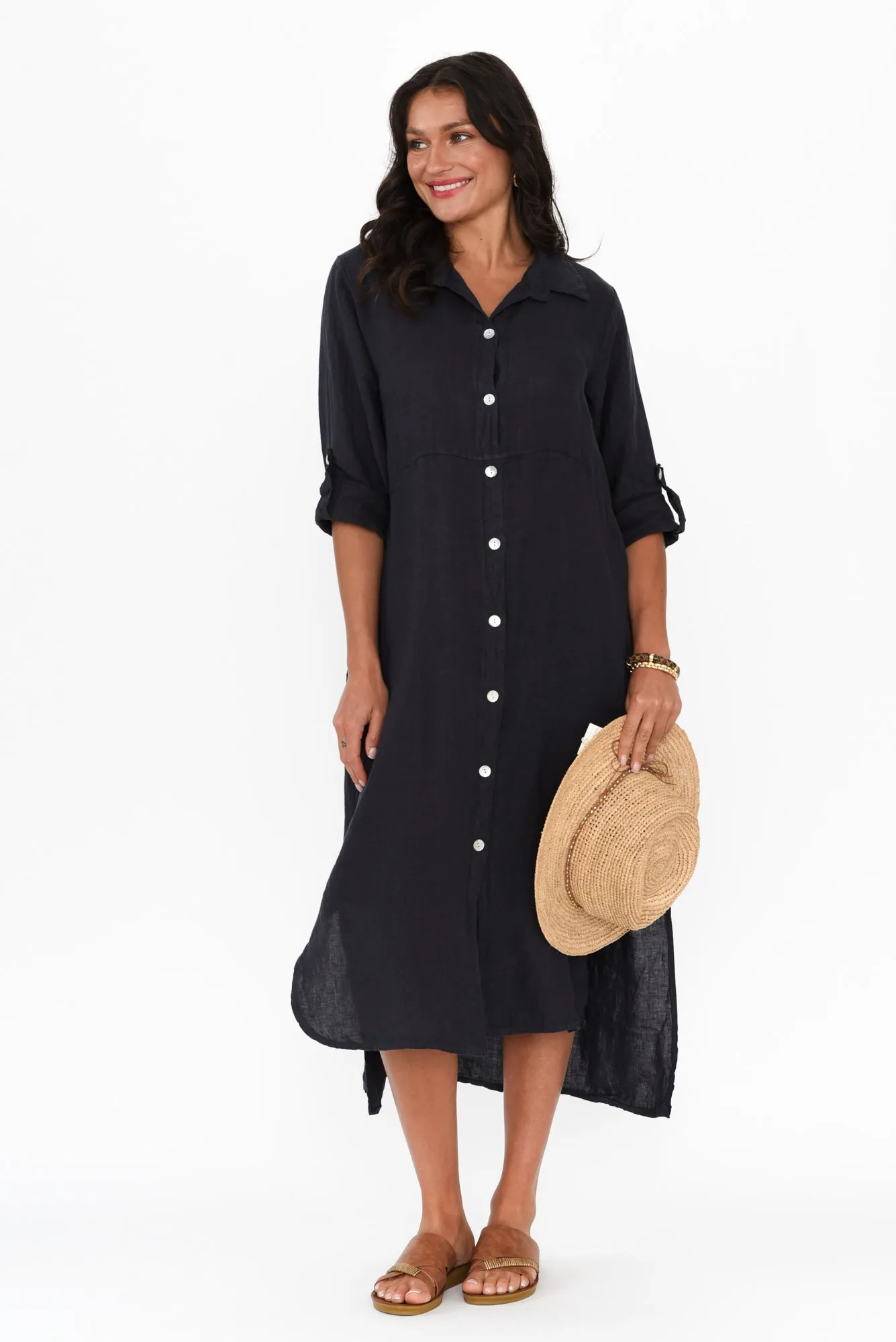 Elin Navy Linen Shirt Dress sold by Blue Bungalow