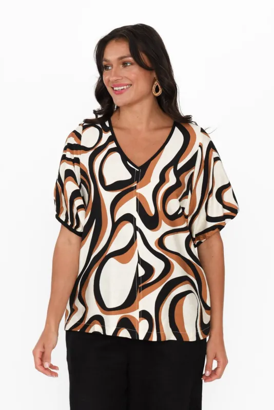 Cleo Brown Swirl V Neck Top sold by Blue Bungalow