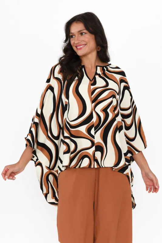 Donella Brown Swirl Drape Top sold by Blue Bungalow