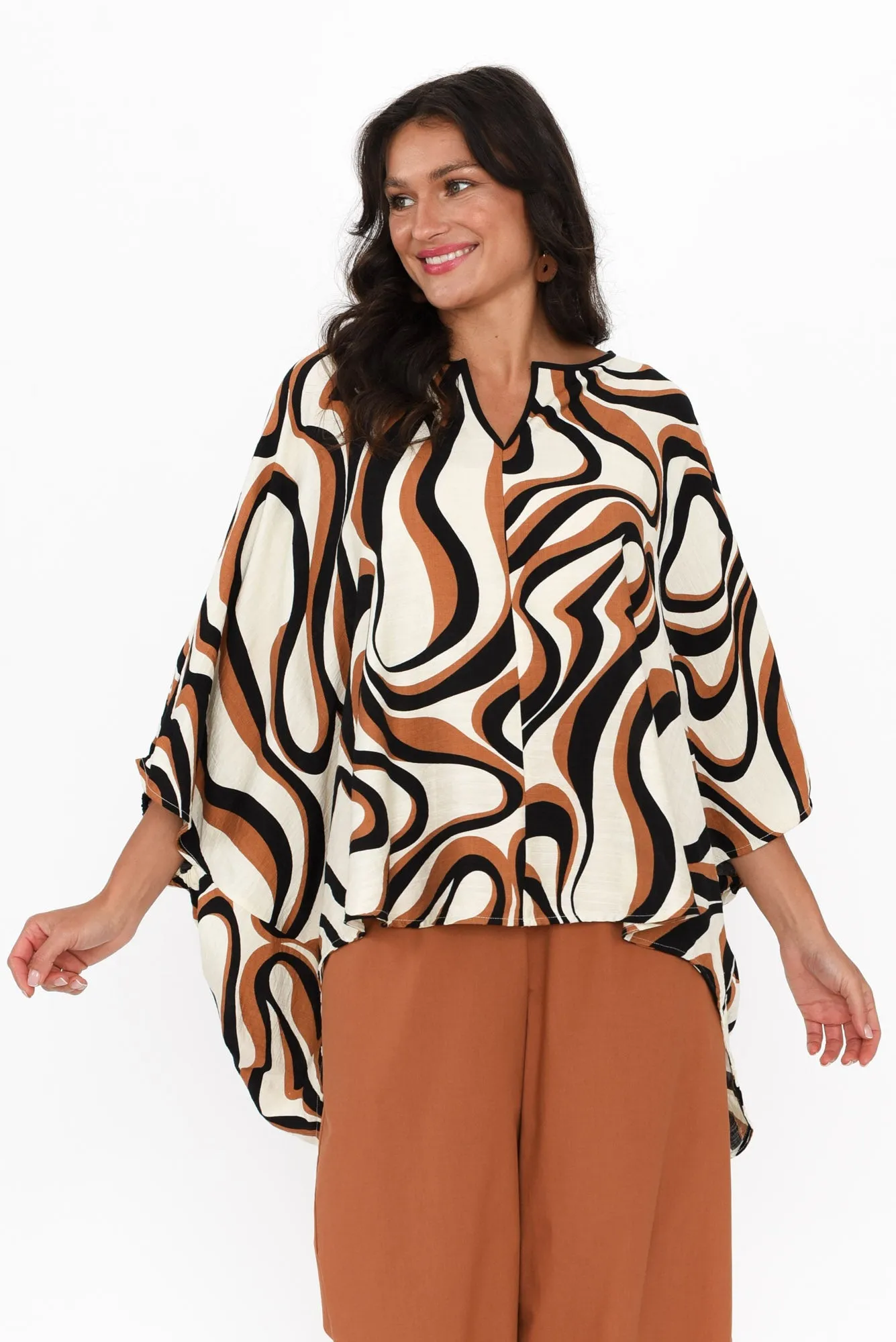 Donella Brown Swirl Drape Top sold by Blue Bungalow