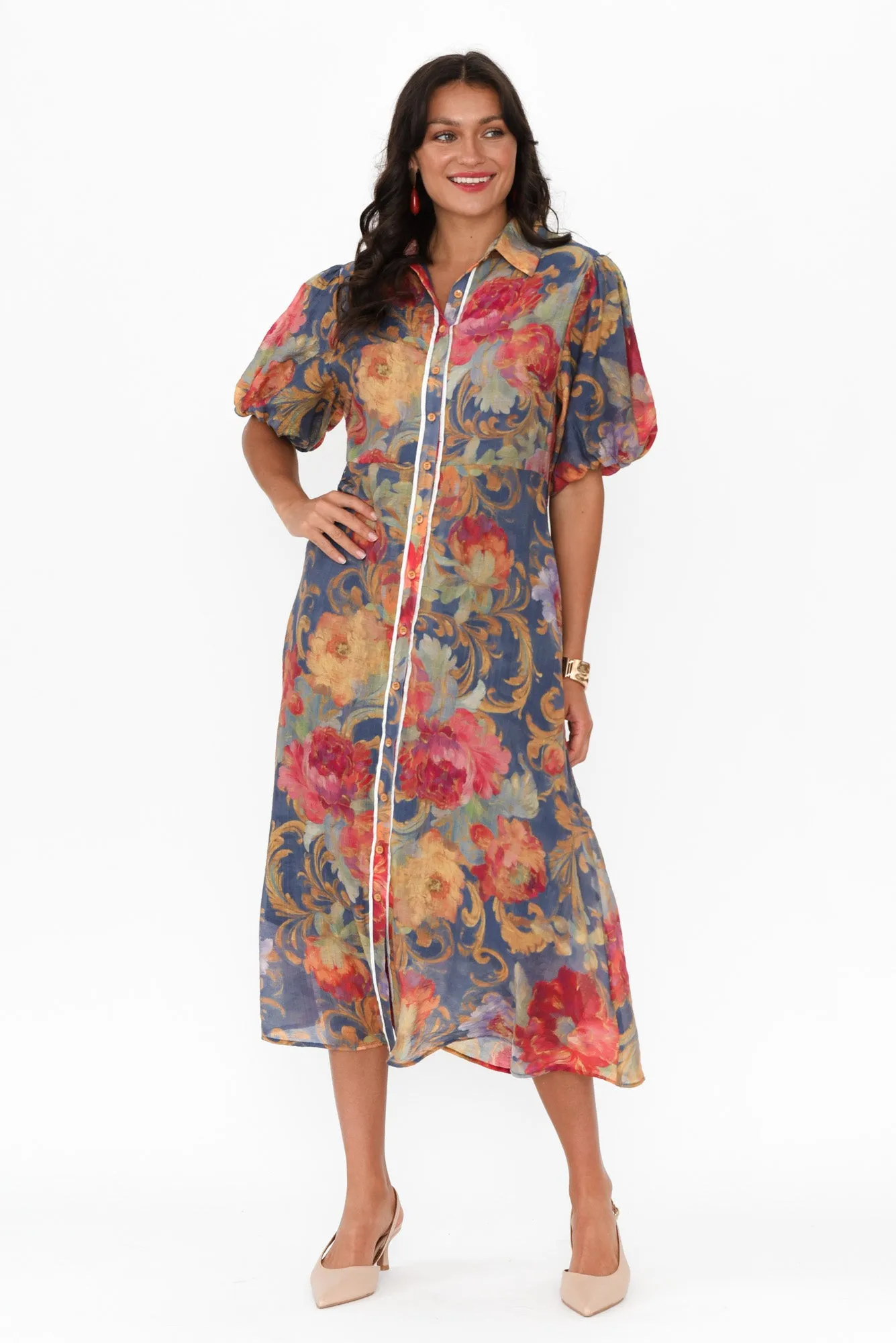 Hilma Blue Floral Cotton Blend Tie Dress sold by Blue Bungalow product image thumbnail 2