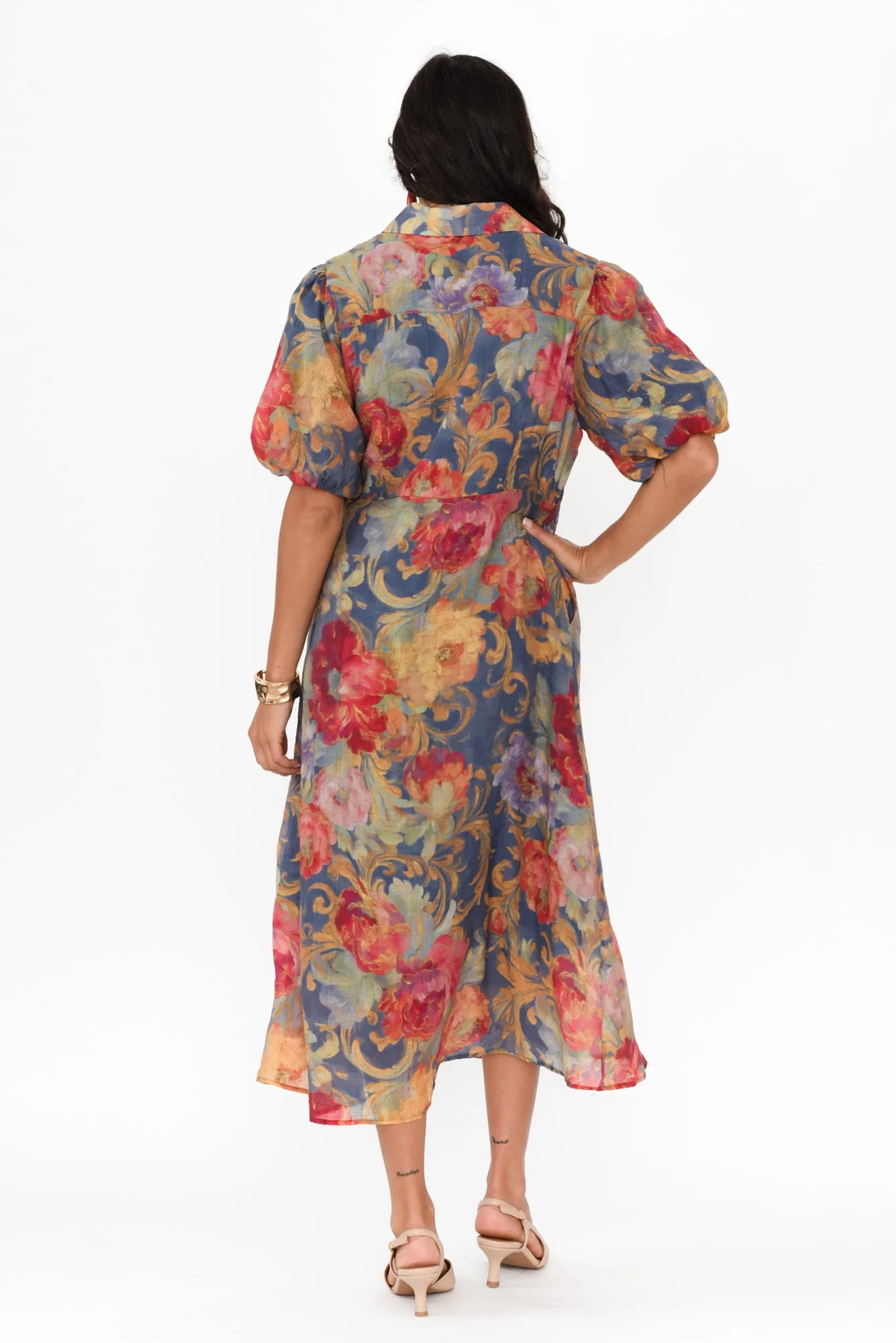 Hilma Blue Floral Cotton Blend Tie Dress sold by Blue Bungalow product image thumbnail 4