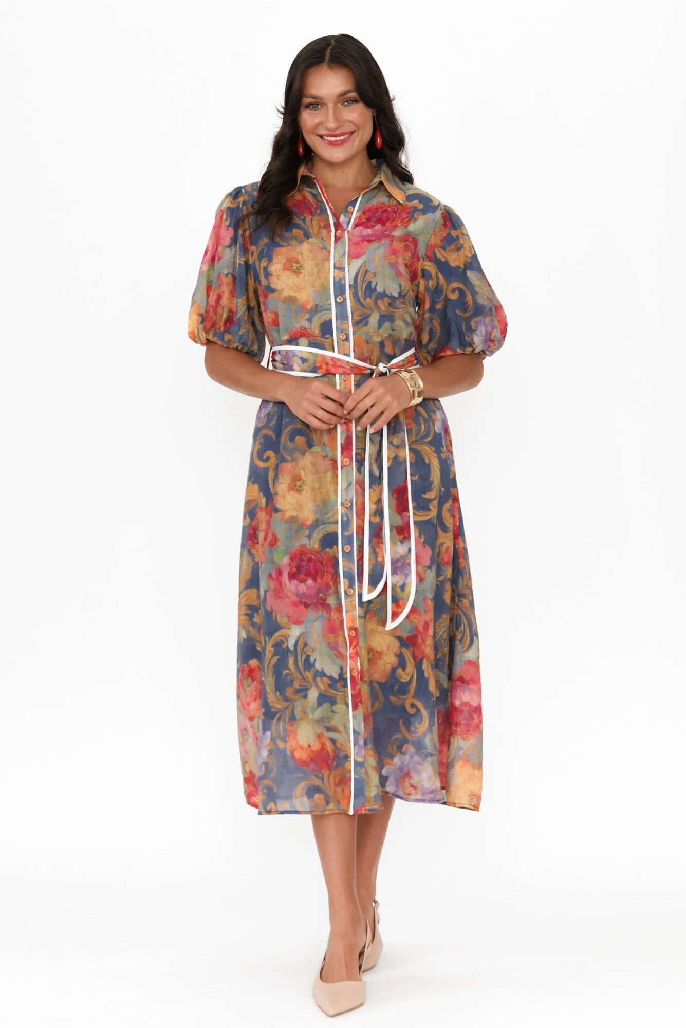 Hilma Blue Floral Cotton Blend Tie Dress sold by Blue Bungalow