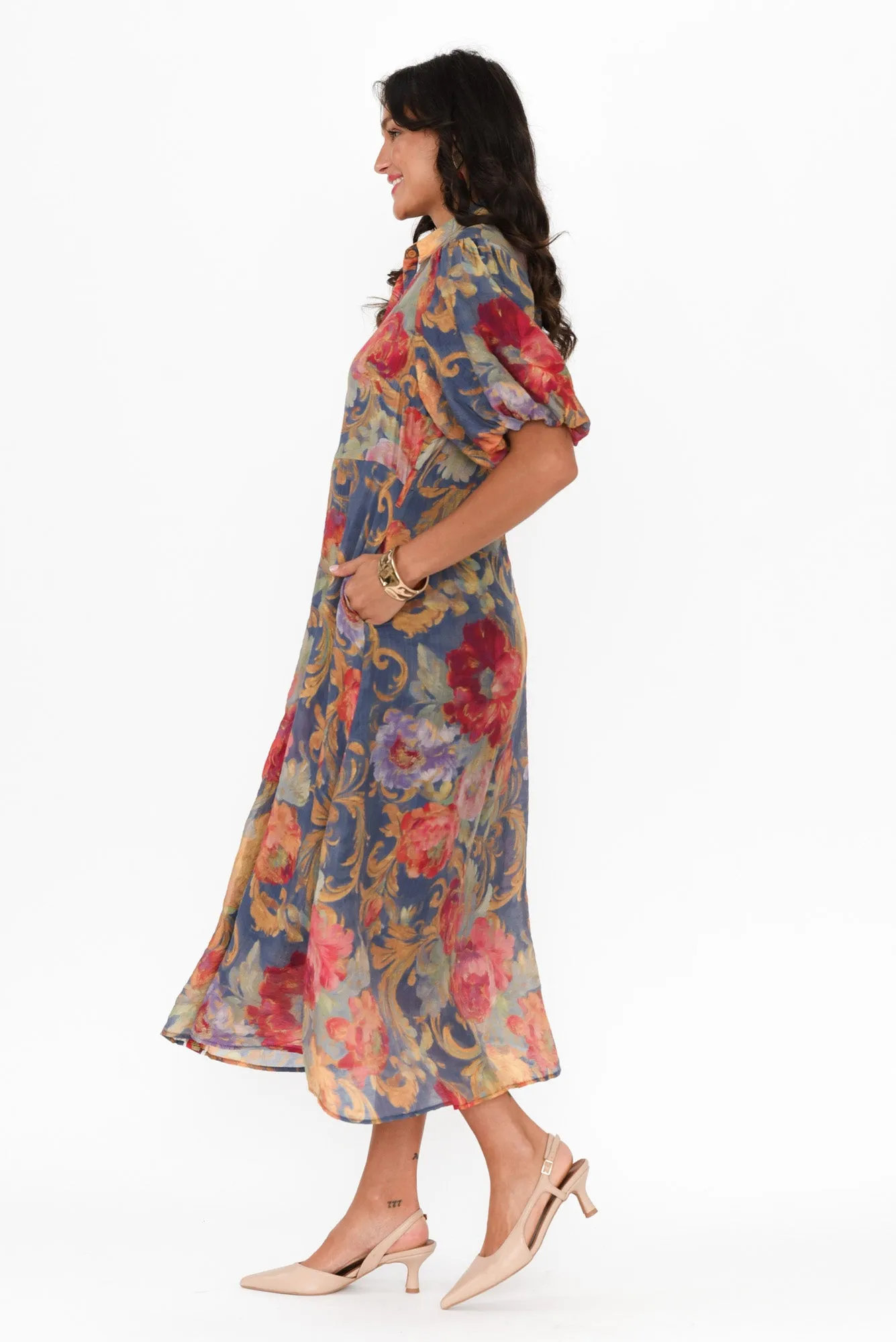 Hilma Blue Floral Cotton Blend Tie Dress sold by Blue Bungalow product image thumbnail 3