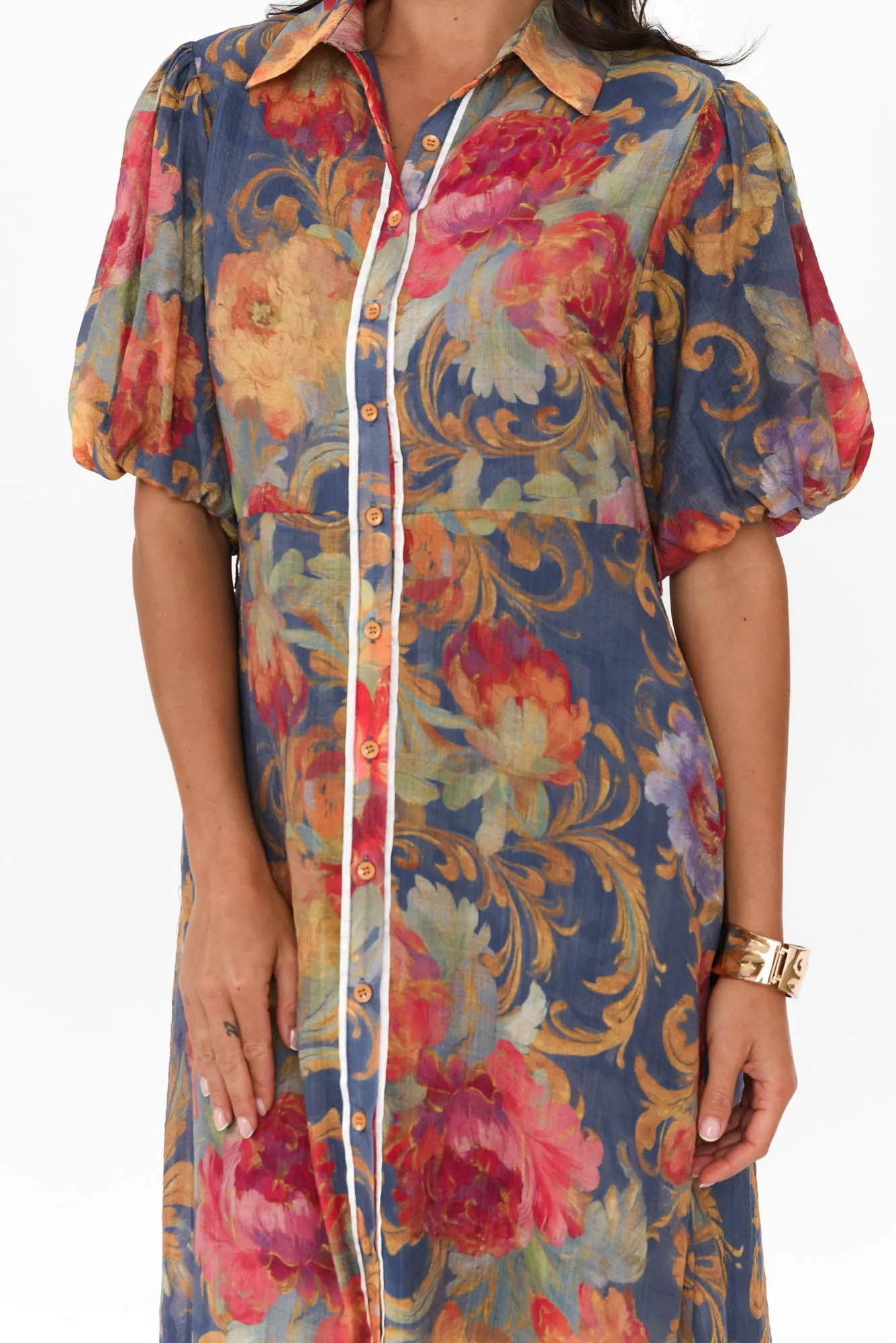 Hilma Blue Floral Cotton Blend Tie Dress sold by Blue Bungalow product image thumbnail 5
