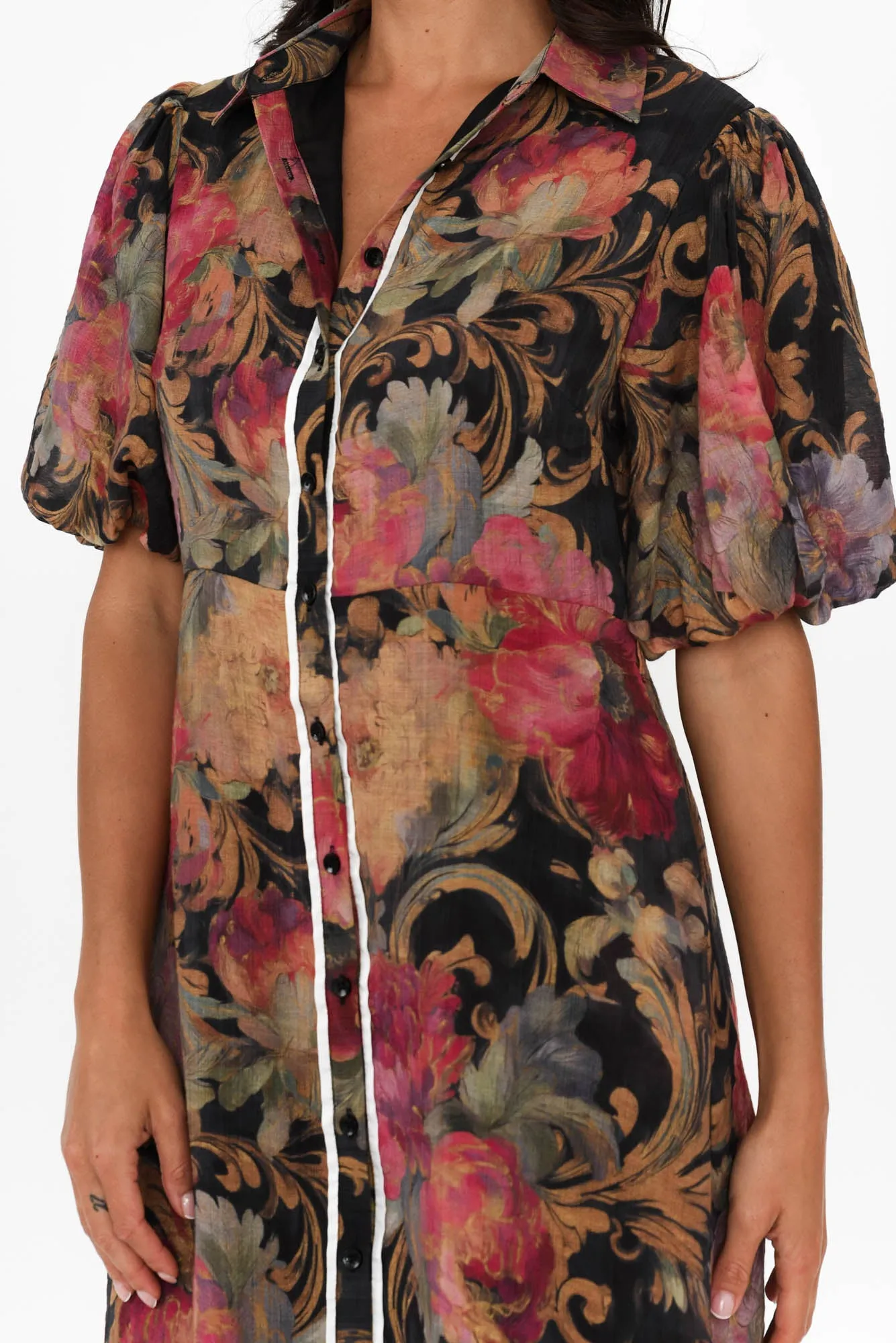 Hilma Black Floral Cotton Blend Tie Dress sold by Blue Bungalow product image thumbnail 5
