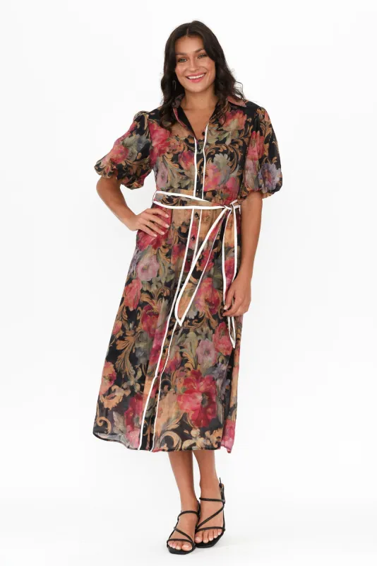 Hilma Black Floral Cotton Blend Tie Dress sold by Blue Bungalow