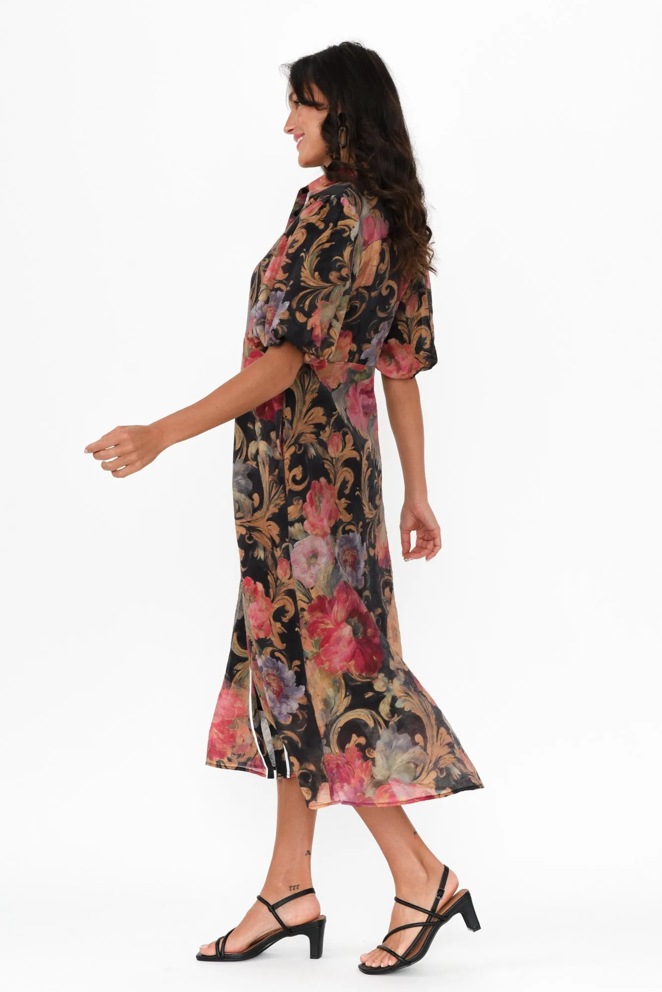 Hilma Black Floral Cotton Blend Tie Dress sold by Blue Bungalow product image thumbnail 3