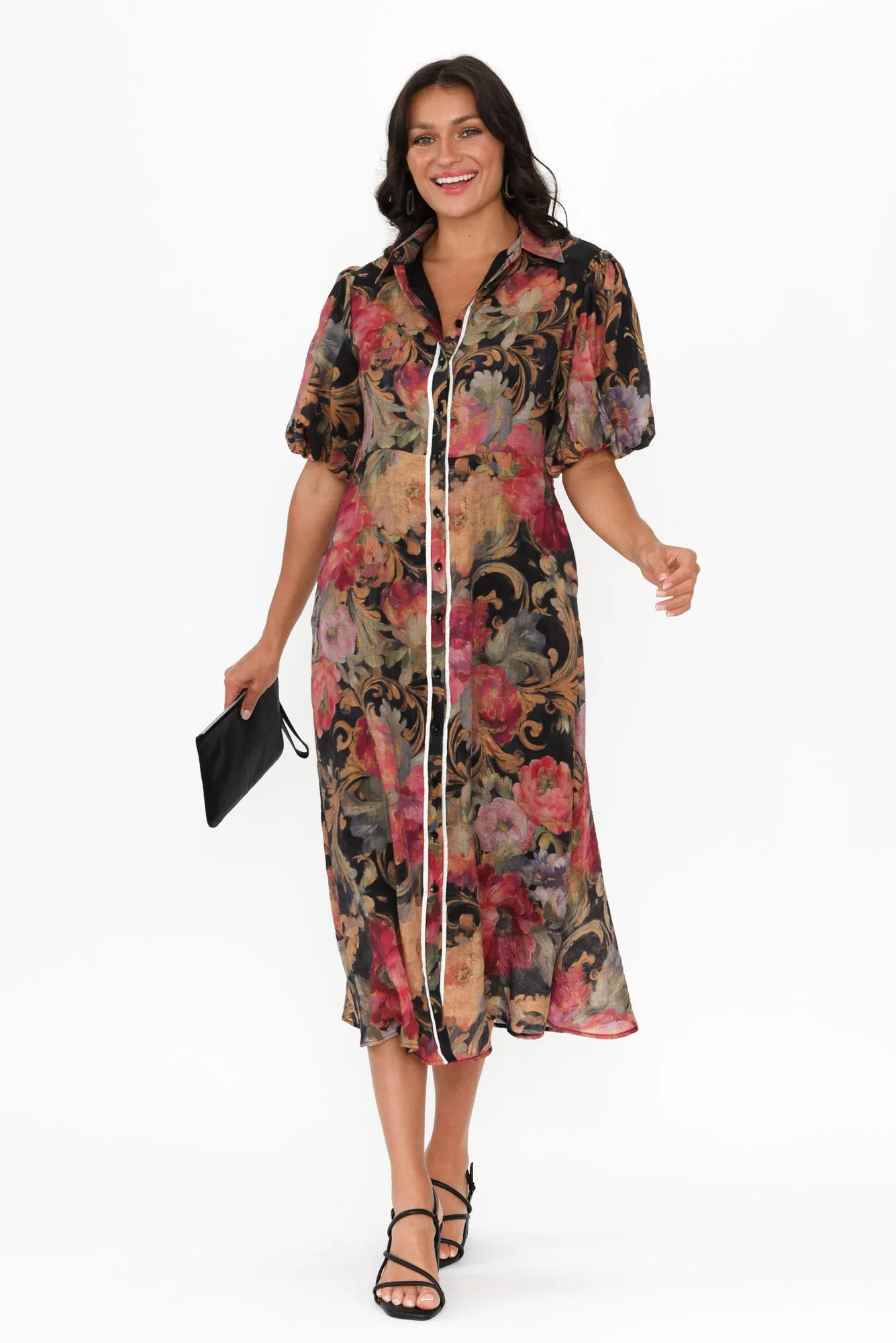 Hilma Black Floral Cotton Blend Tie Dress sold by Blue Bungalow product image thumbnail 2