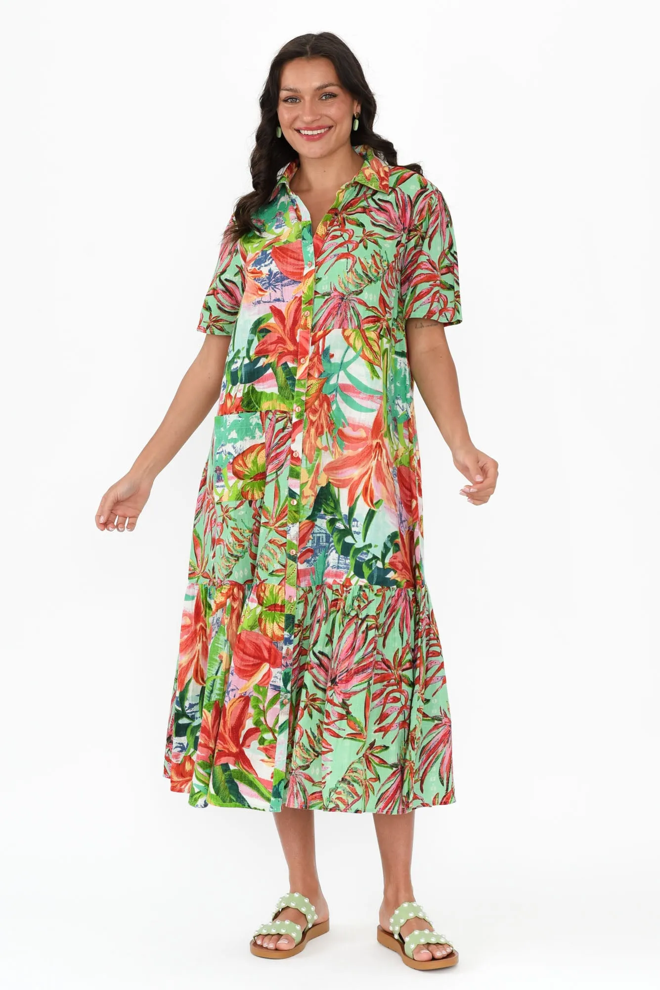 Gwyneth Green Tropical Cotton Shirt Dress sold by Blue Bungalow