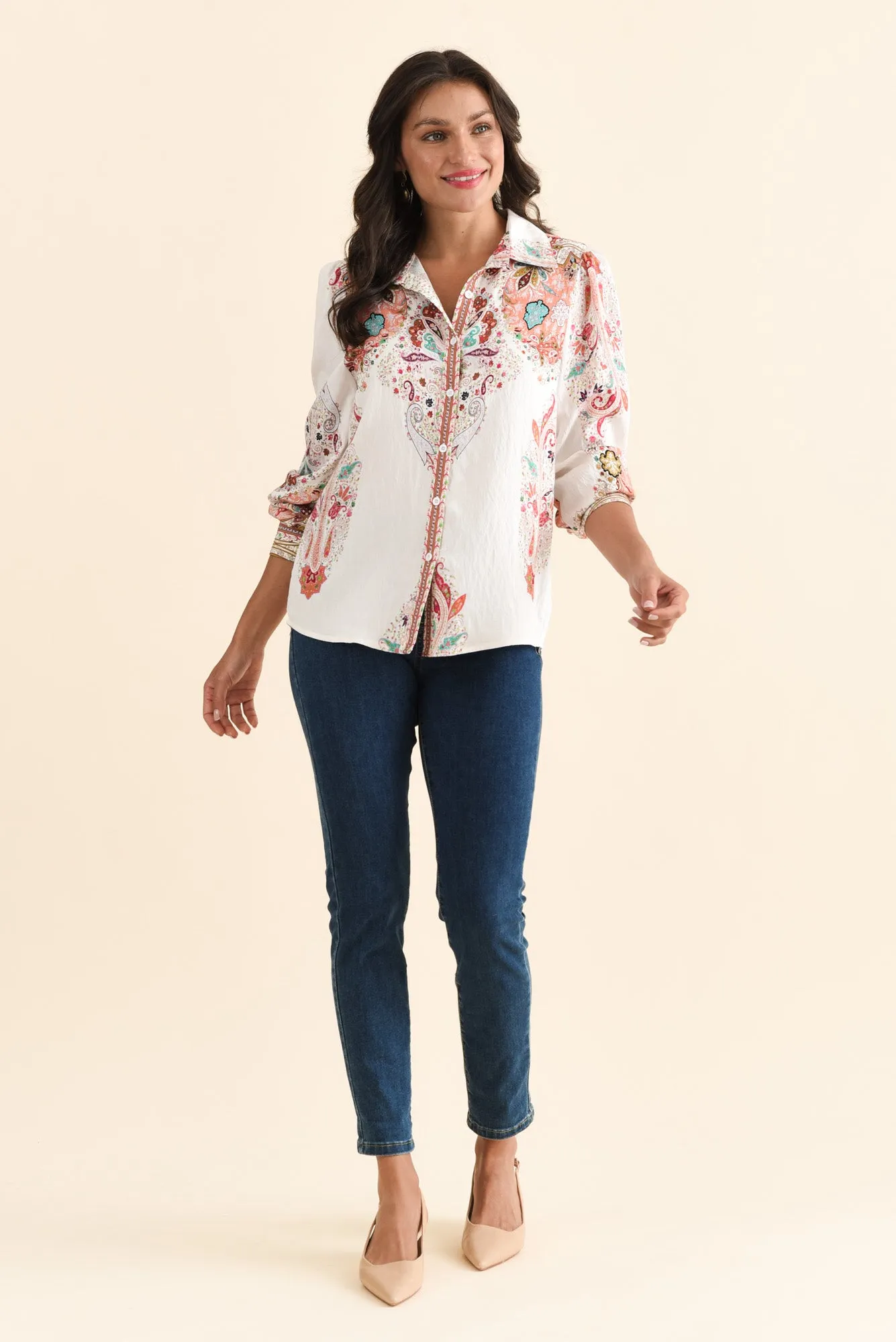 Kiera White Paisley Cotton Linen Shirt sold by Blue Bungalow product image thumbnail 2