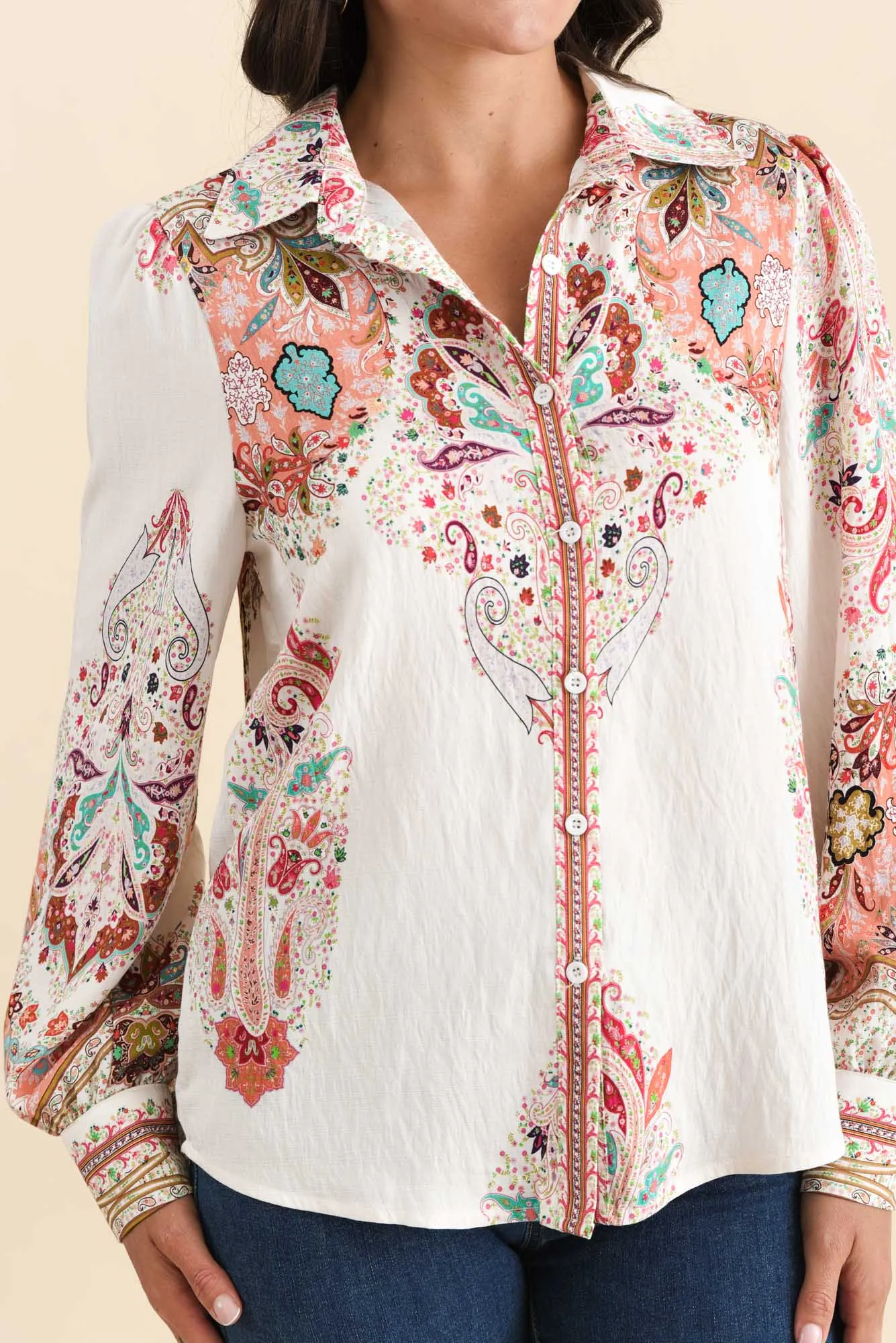 Kiera White Paisley Cotton Linen Shirt sold by Blue Bungalow product image thumbnail 5