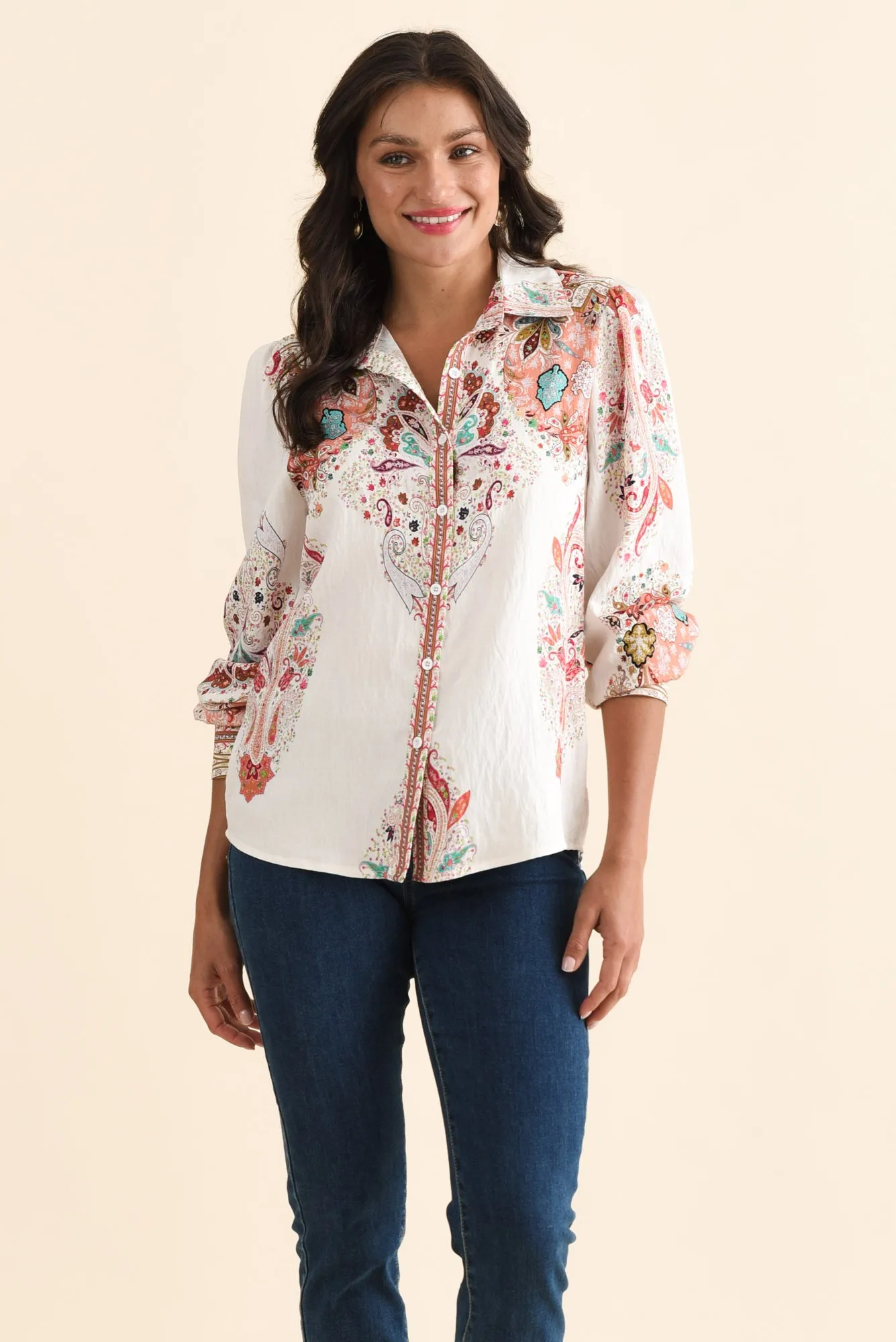 Kiera White Paisley Cotton Linen Shirt sold by Blue Bungalow