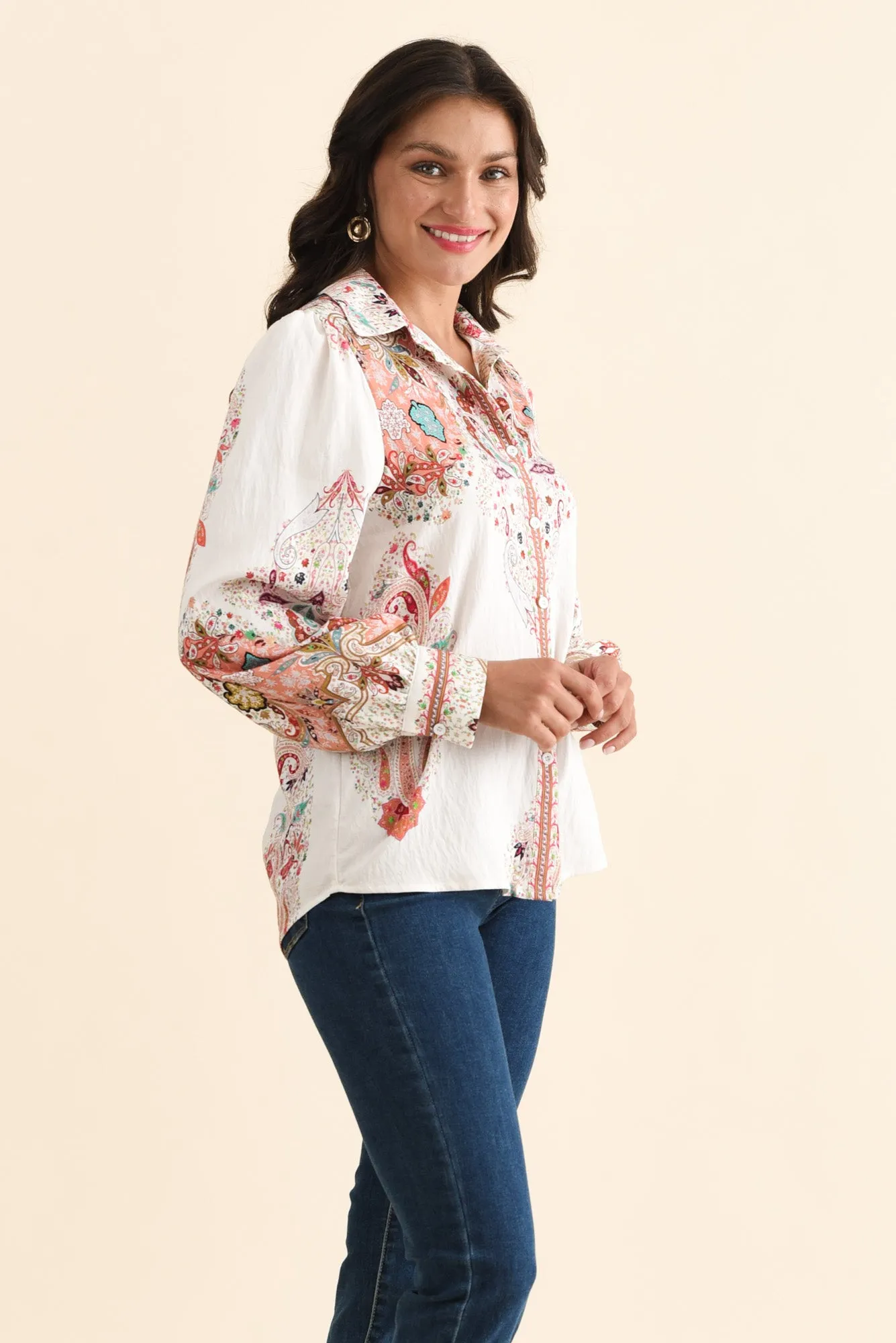 Kiera White Paisley Cotton Linen Shirt sold by Blue Bungalow product image thumbnail 3