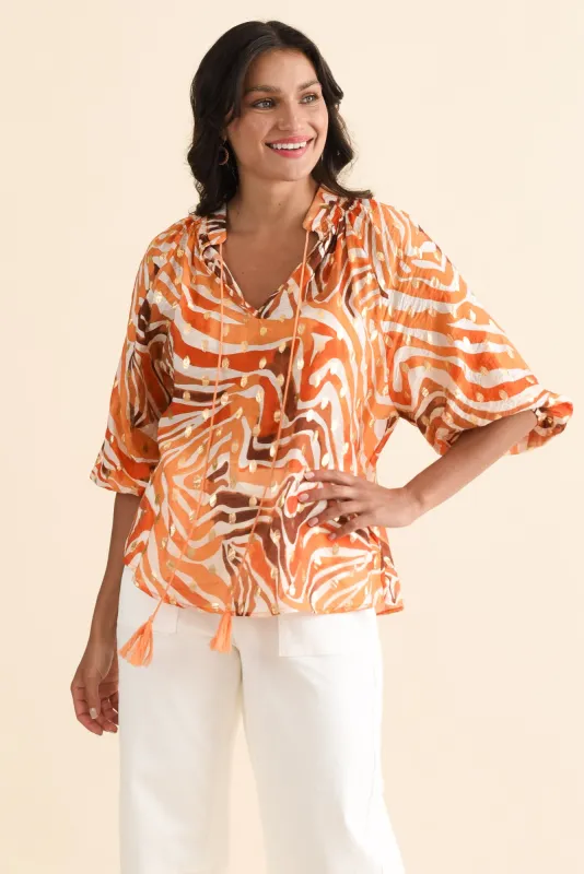 Theo Orange Swirl Cotton Blend Blouse sold by Blue Bungalow