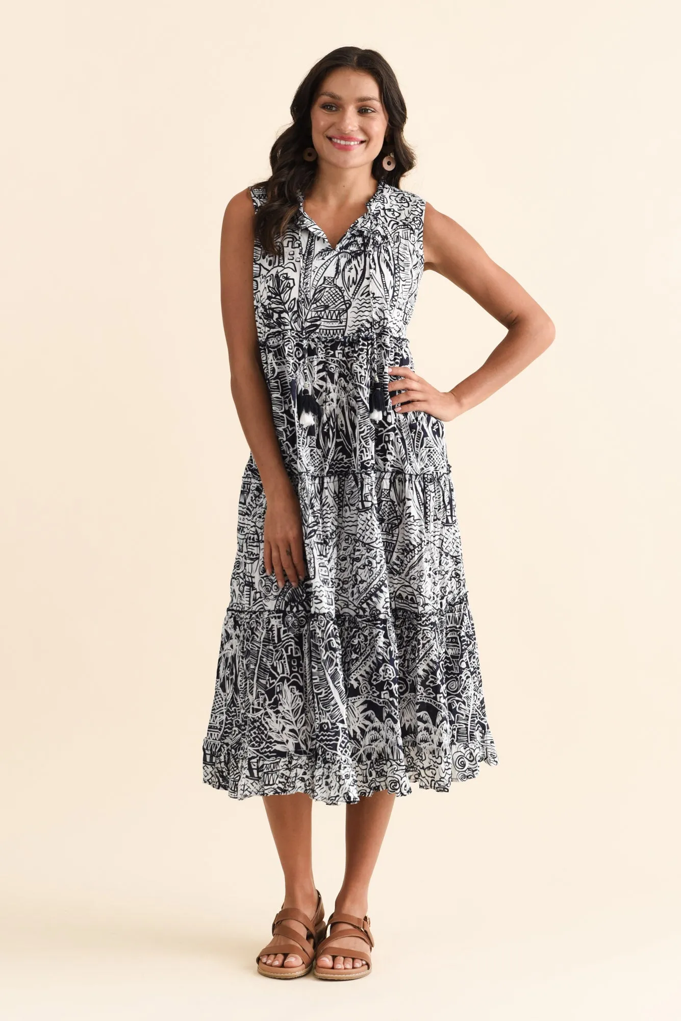 Charity Navy Tropical Cotton Midi Dress sold by Blue Bungalow
