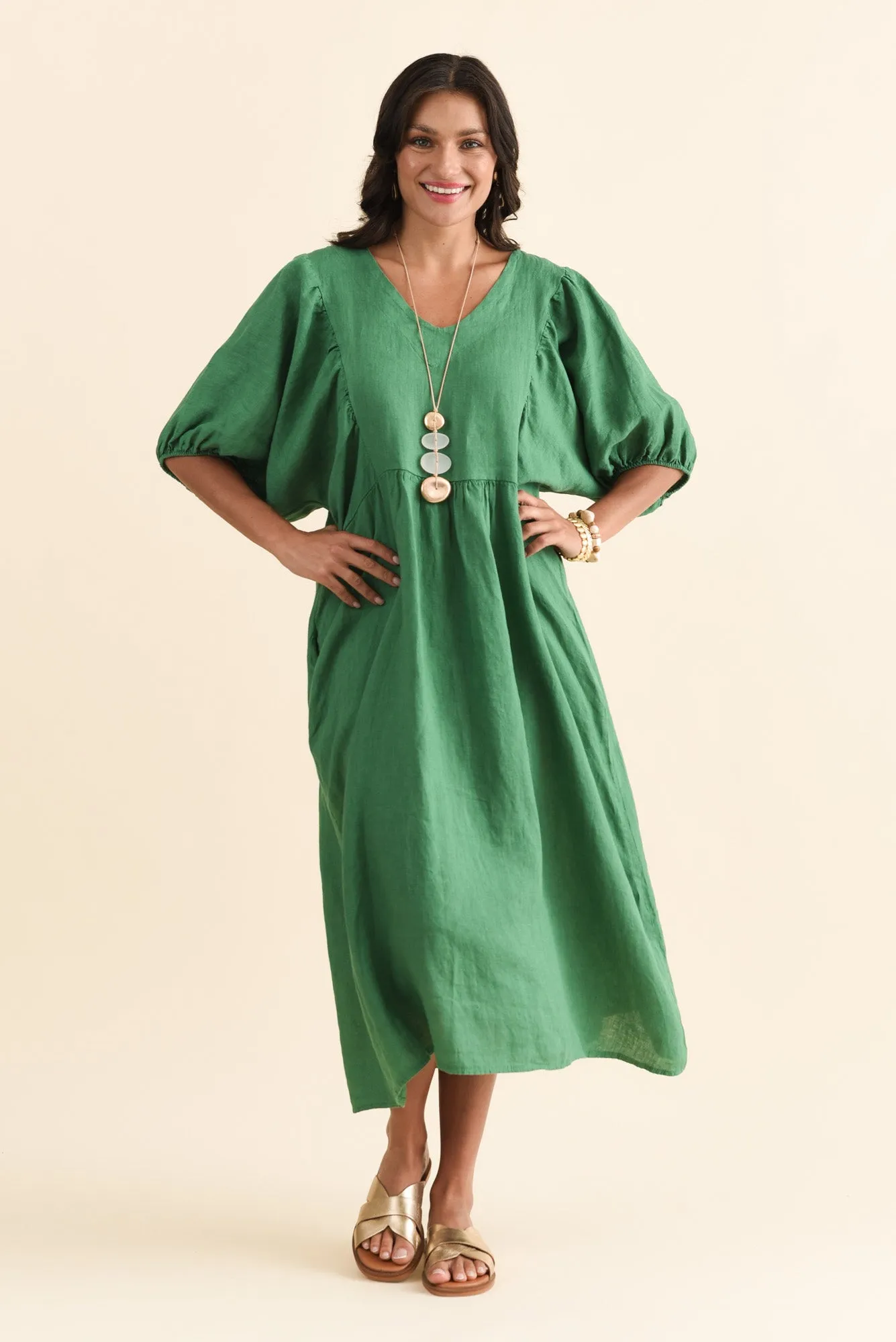 Claudine Green Linen Pocket Dress sold by Blue Bungalow
