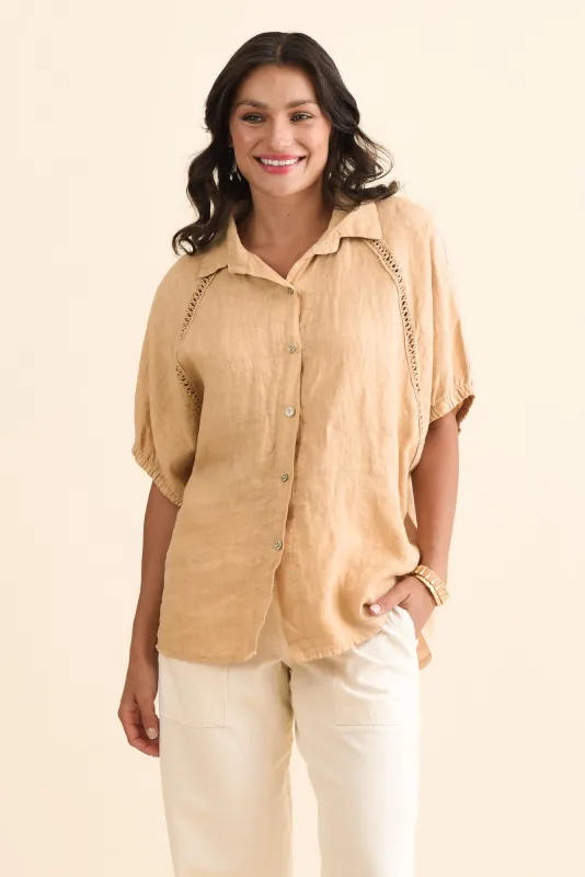 Huntley Sand Linen Collared Shirt sold by Blue Bungalow