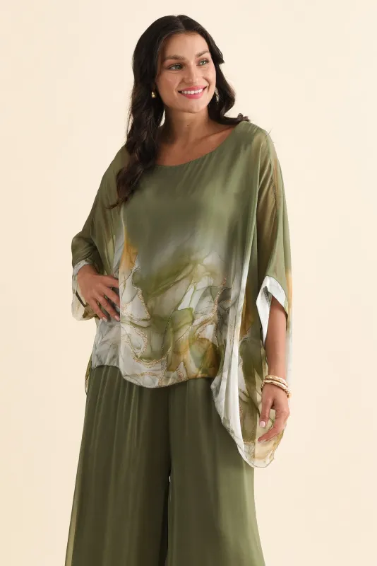 Paxos Green Watercolour Silk Overlay Top sold by Blue Bungalow