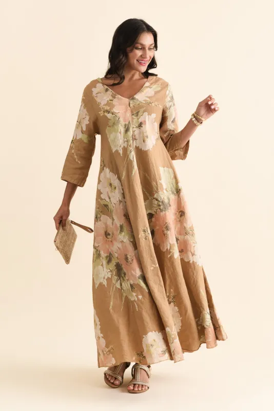 Oscar Tan Floral Linen Maxi Dress sold by Blue Bungalow