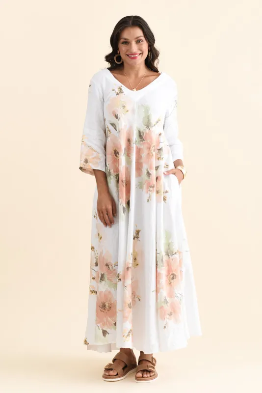 Oscar White Floral Linen Maxi Dress sold by Blue Bungalow