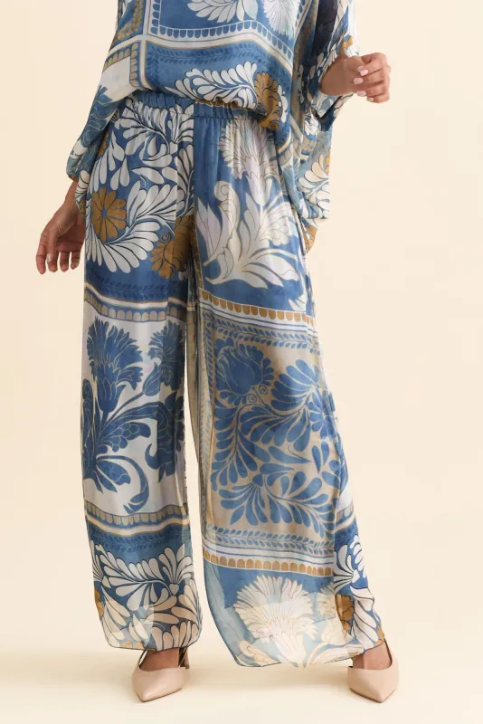 Enid Blue Botanical Silk Pants sold by Blue Bungalow