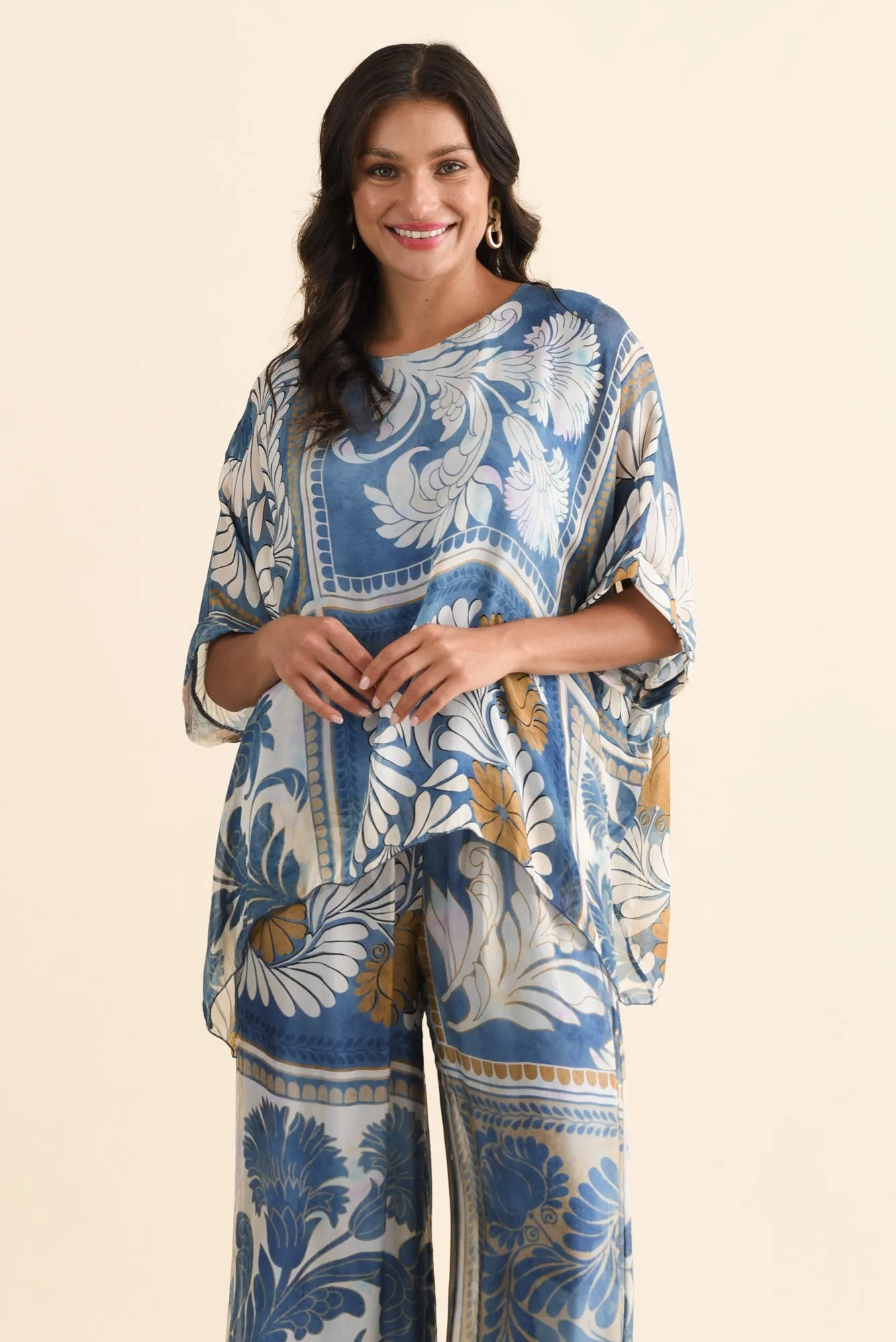 Trevino Blue Botanical Silk Overlay Top sold by Blue Bungalow