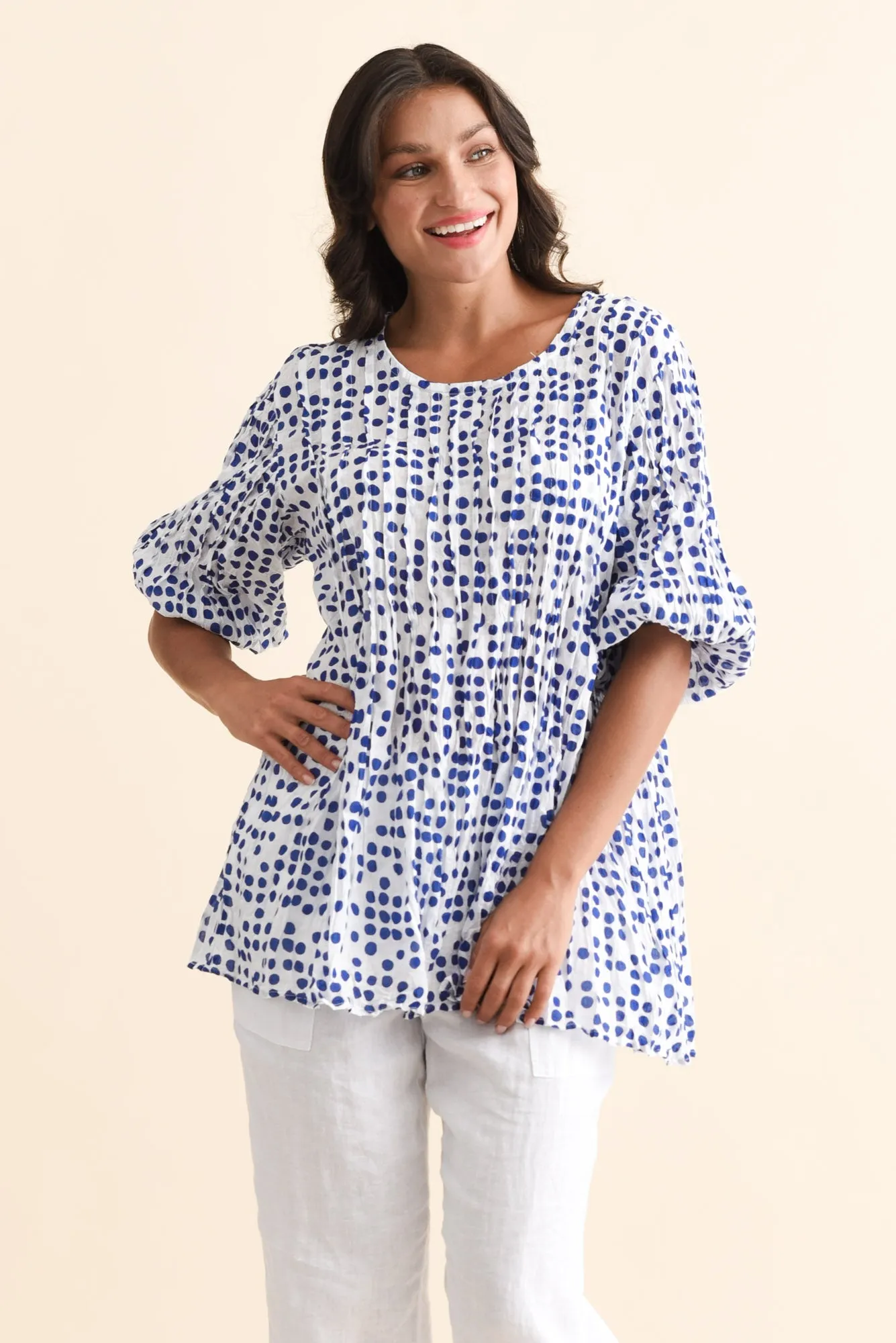 Selma Blue Confetti Crinkle Cotton Top sold by Blue Bungalow