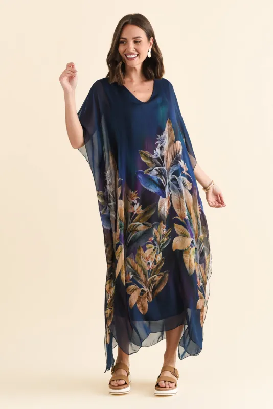 Havana Navy Botanical Silk Dress sold by Blue Bungalow