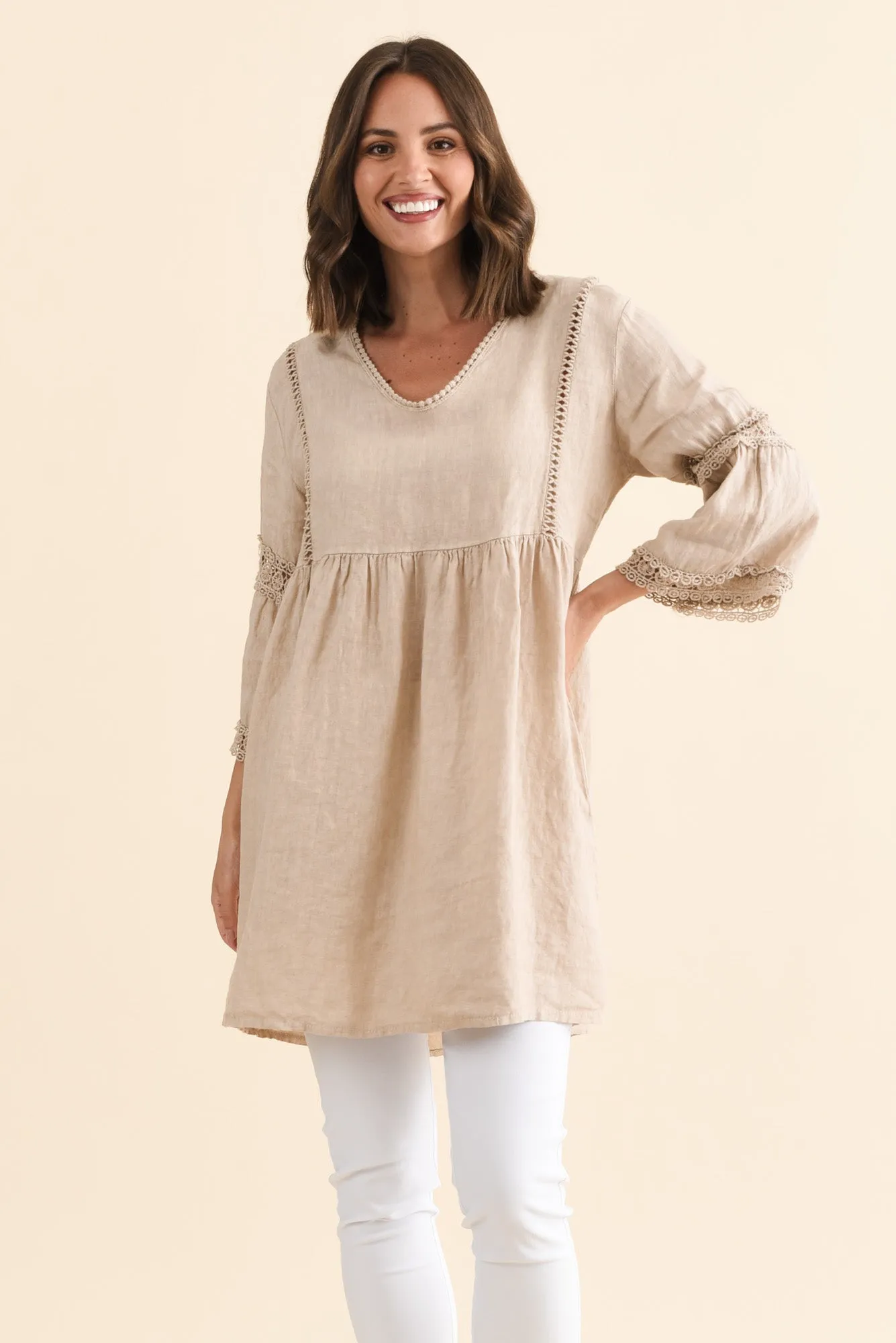 Conrad Beige Linen Lace Top sold by Blue Bungalow